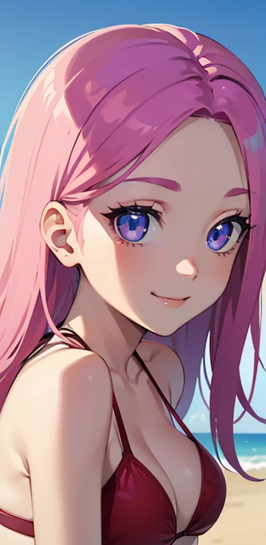Realistic、1girl、pink hair、blue eyes、(eye focus,face focus:1.3,upper body:1.5),(gradient eyes:1.3),(red bikini)、happy smile,forehead,cute face,portrait,beach、