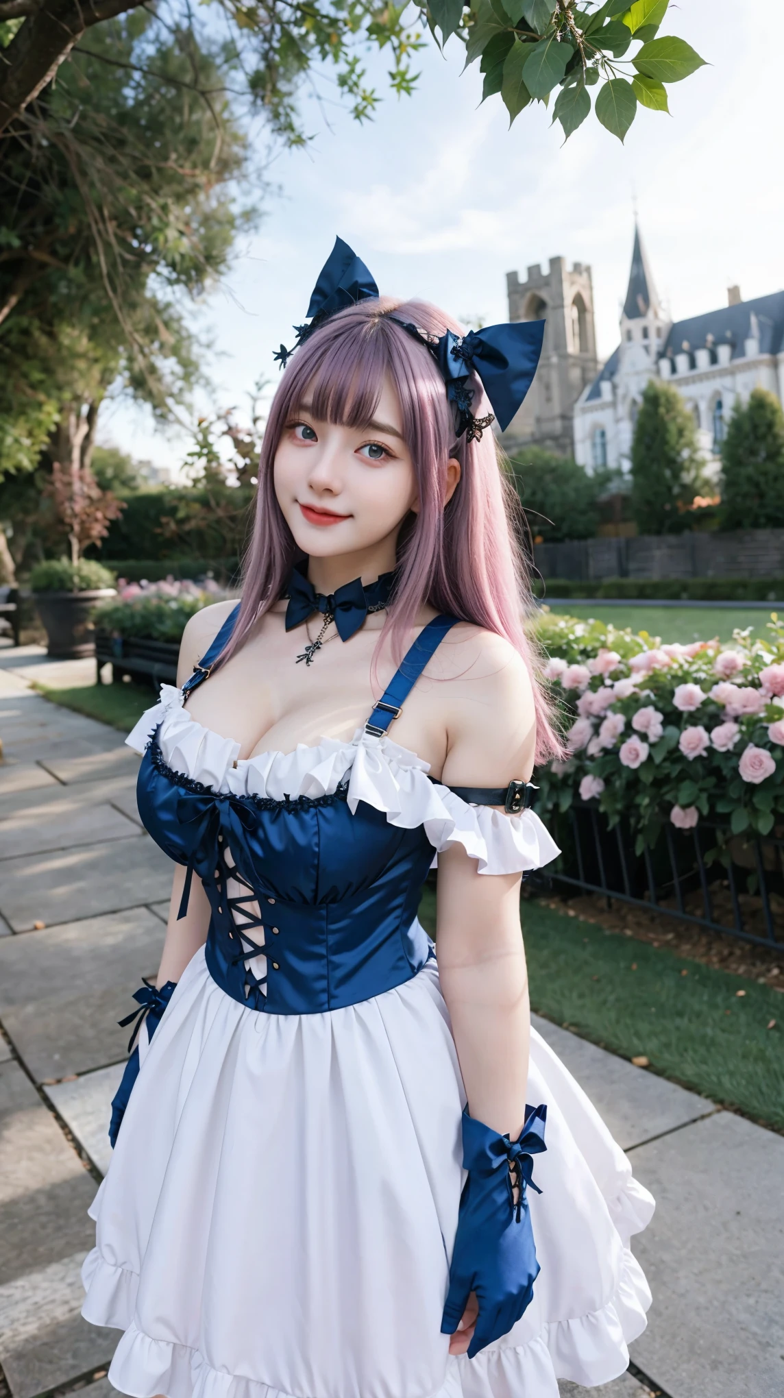 Gorgeus Girl, Beautiful, Baby Face, 20 Years Old, White Skin, Colossal Breasts, Side Pose, Sexy Look, Gothic Straps, White Gothic Outfit Costumes Halloween, Blue Eye, Muscles, Bokeh, Modern Place Background, Masterpiece, Fullbody Shot, Straight Pink Hair, Smiling