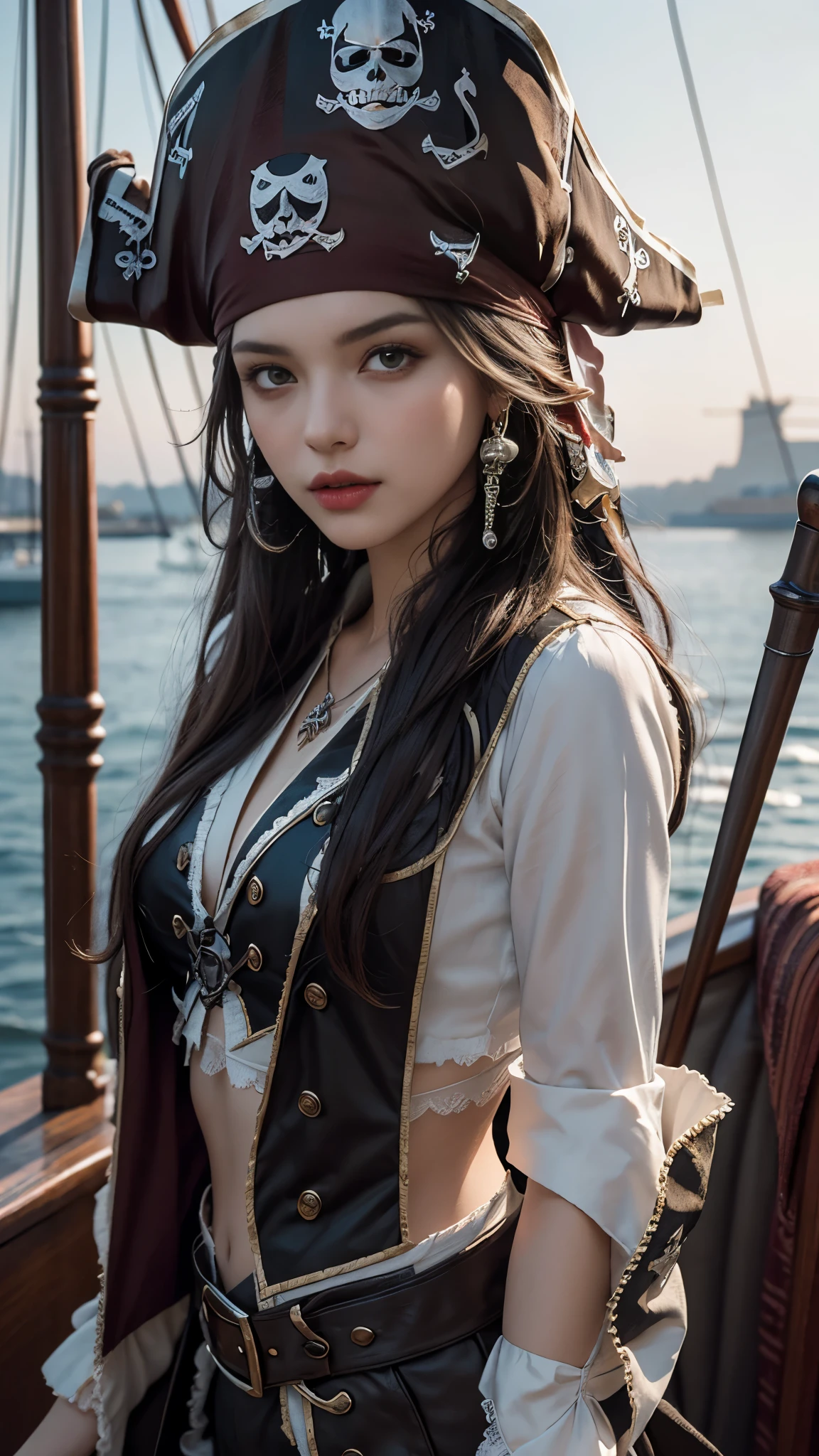 8K, ultra hd, masterpiece, 1 girl, good face, detailed eyes, very long hair, detailed lips, (fantasy:1.2), (ultra detailed:1.5), (pirate outfit:1.5), brown outfit, titanic ship, sea, gun in hand, (perfect body)