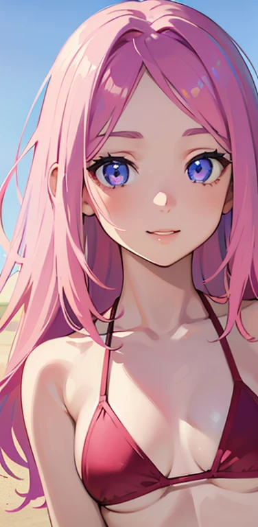Realistic、1girl、pink hair、blue eyes、(eye focus,face focus:1.3,upper body:1.5),(gradient eyes:1.3),(red bikini)、happy smile,forehead,cute face,portrait,beach、