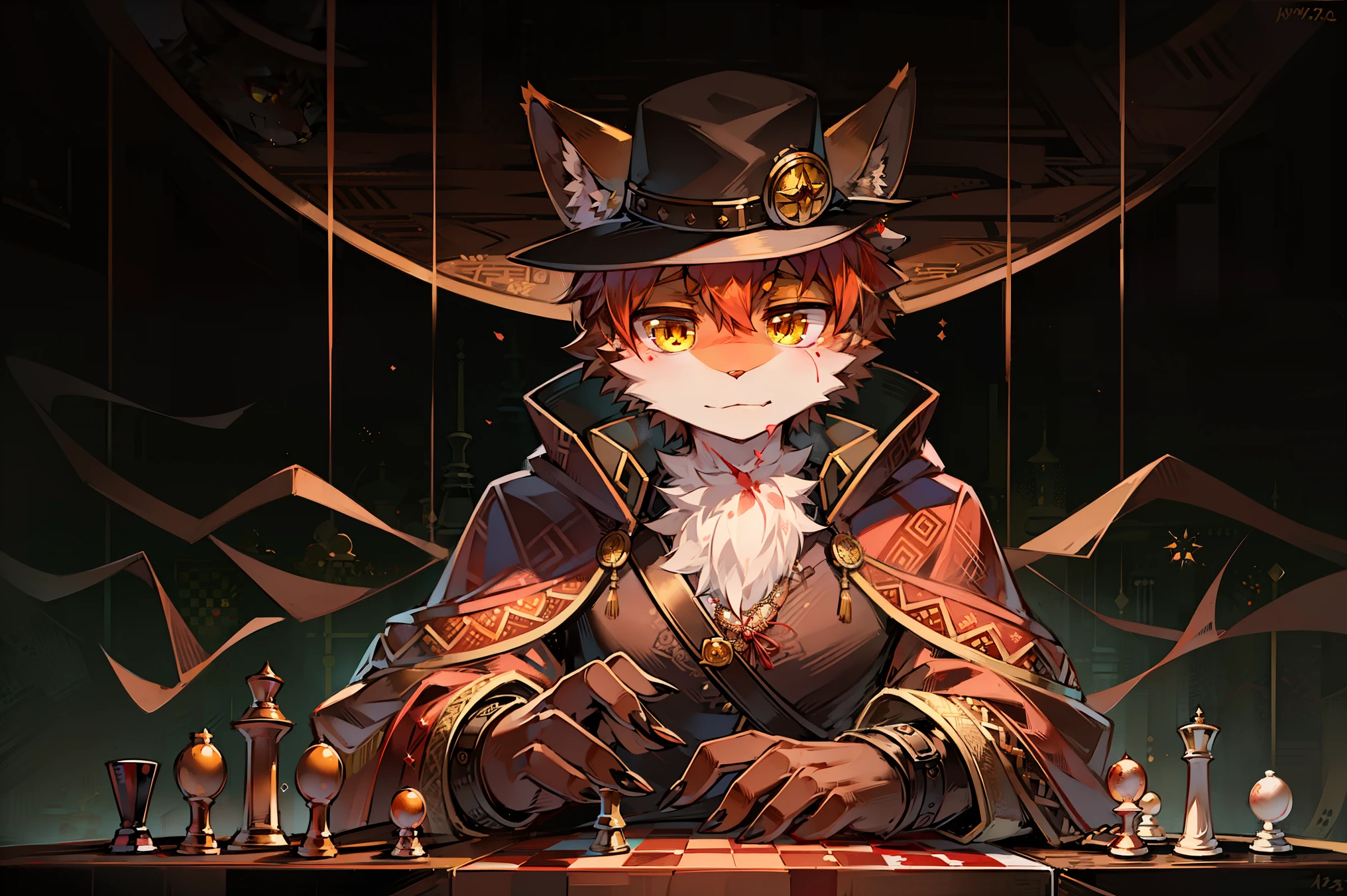 Kimono style male cat, Wears a brown cloak and a steampunk hat., It has yellow eyes and orange fur., A thoughtful expression appeared on his face., Moving chess pawns on the world map with blood on a large table., 4k, Masterpiece, beautiful light , wide element