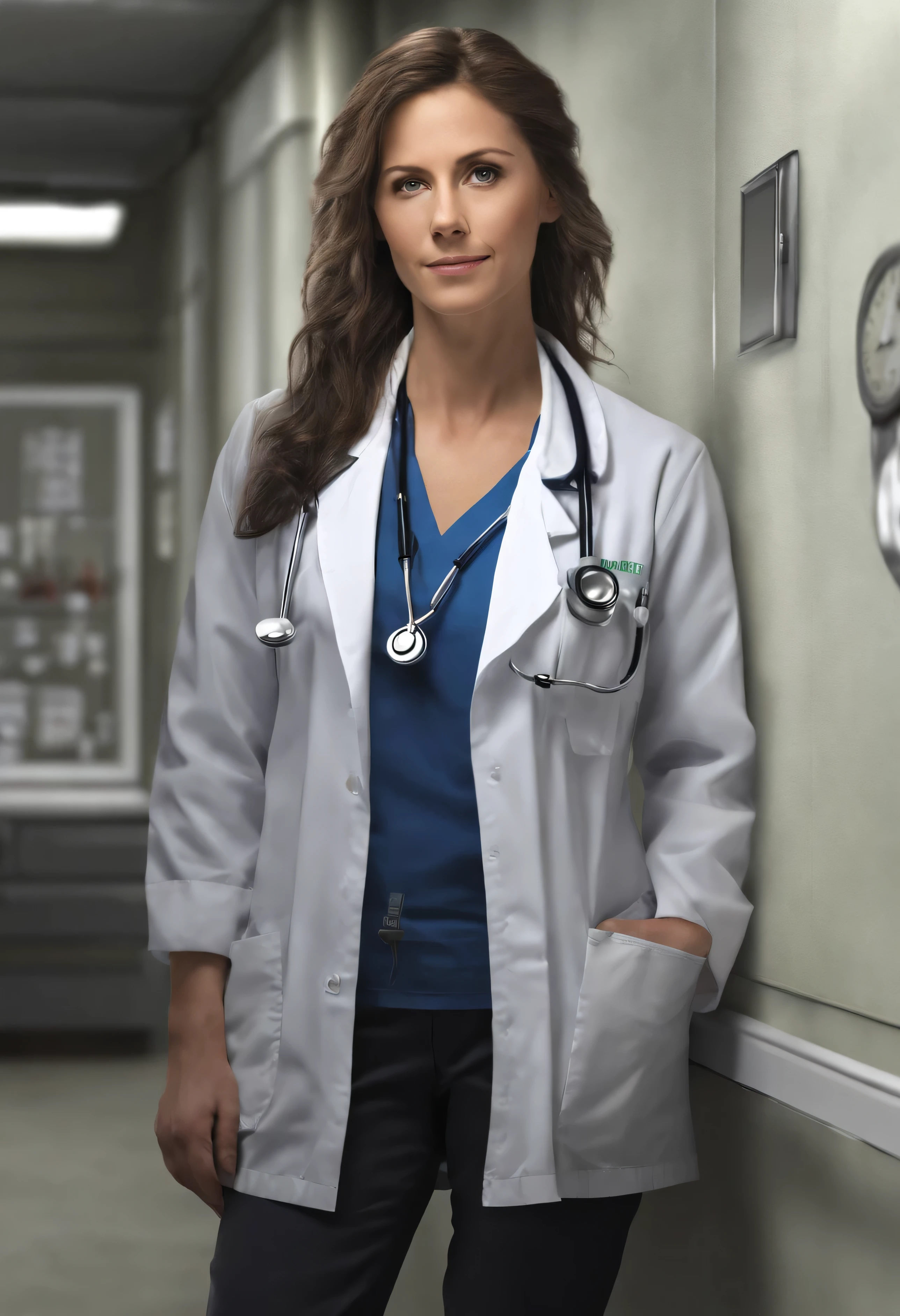**A female doctor in uniform and her stethoscope looking at the camera. --en 4: 50** - (presque) --s 2
