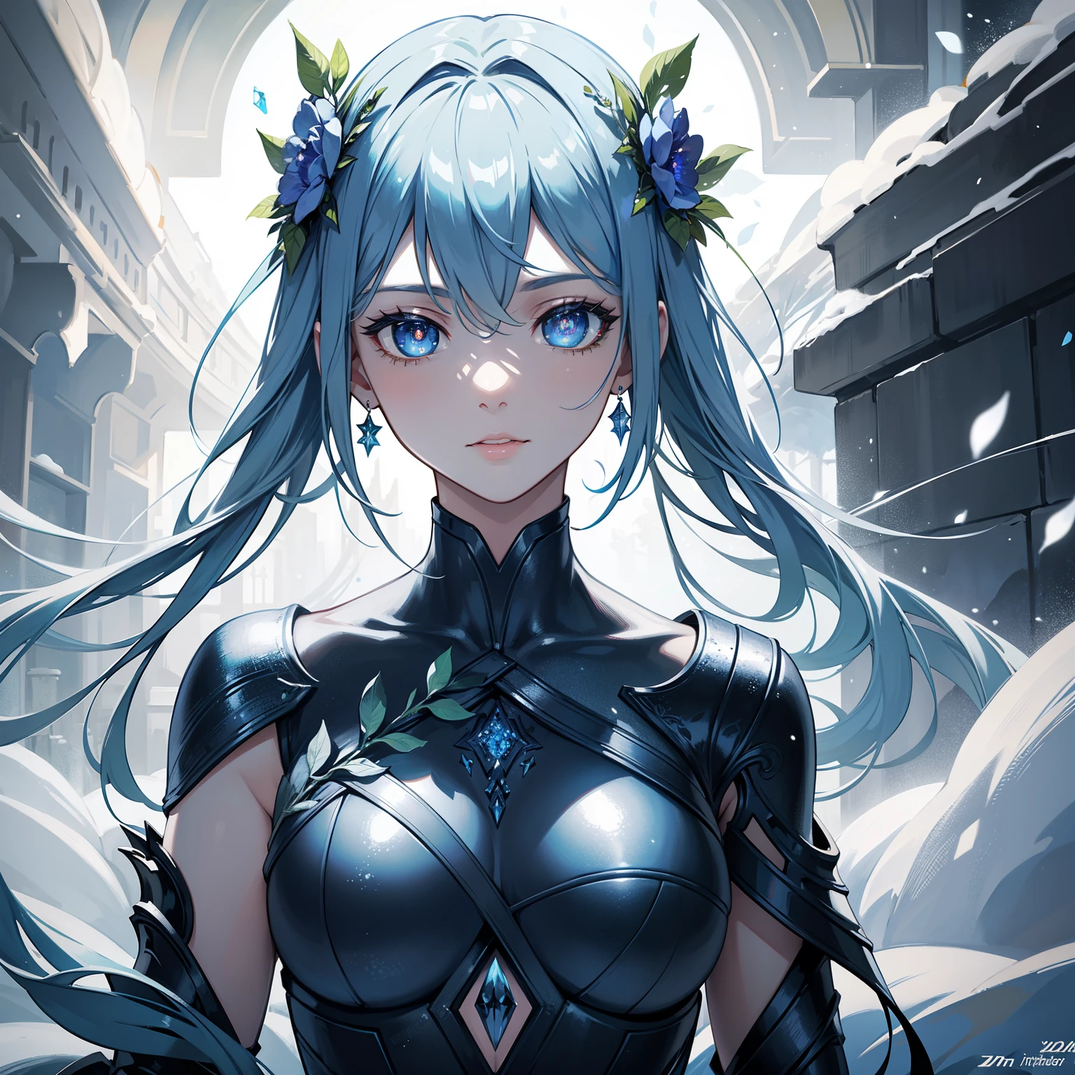 Masterpiece, an android, solo, textured metallic skin, glowing blue eyes, touching a flower in a lush landscape, slowly falling snowflakes. High quality, realistic, ultra-detailed, (metallic sheen: 1.2), surreal, looking at the flower, intricately designed, dynamic light and shadow, high resolution, sharp focus, depth of field, detailed petals, realistic textures, (glowing pupils: 1.5), lush greenery, serene atmosphere, softly falling snow, winter wonderland.