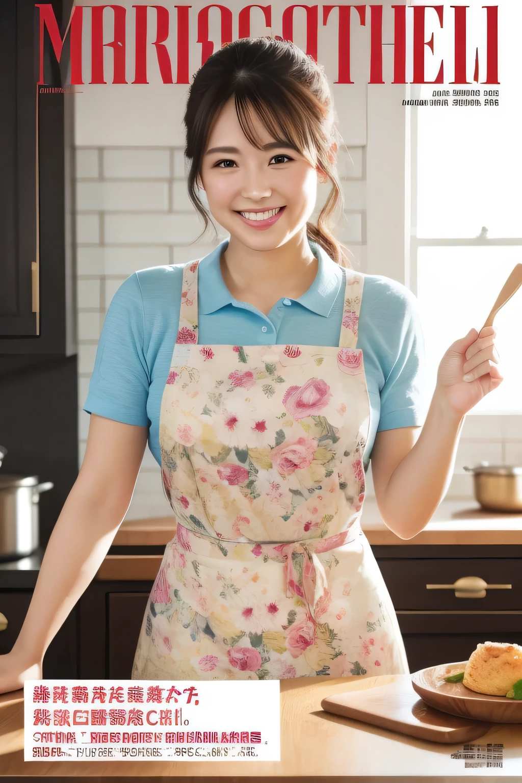 (highest quality, masterpiece), Cover of a cooking magazine for women, 1 girl, 30 years old, wonderful, cute, heartwarming smile, 砂時計のshape, wearing a floral dress, Pinney Apron, beautiful food, article, shape, advertisement, magazine title