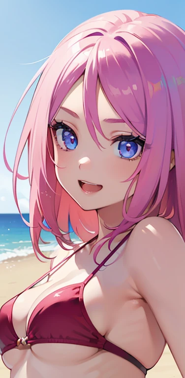 Realistic、1girl、pink hair、blue eyes、(eye focus,face focus:1.3,upper body:1.5),(gradient eyes:1.3),(red bikini)、open mouth,happy smile,forehead,cute face,portrait,beach、