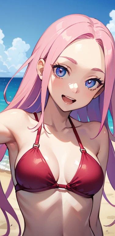 Realistic、1girl、pink hair、blue eyes、(eye focus,face focus:1.3,upper body:1.5),(gradient eyes:1.3),(red bikini)、open mouth,happy smile,forehead,cute face,portrait,beach、