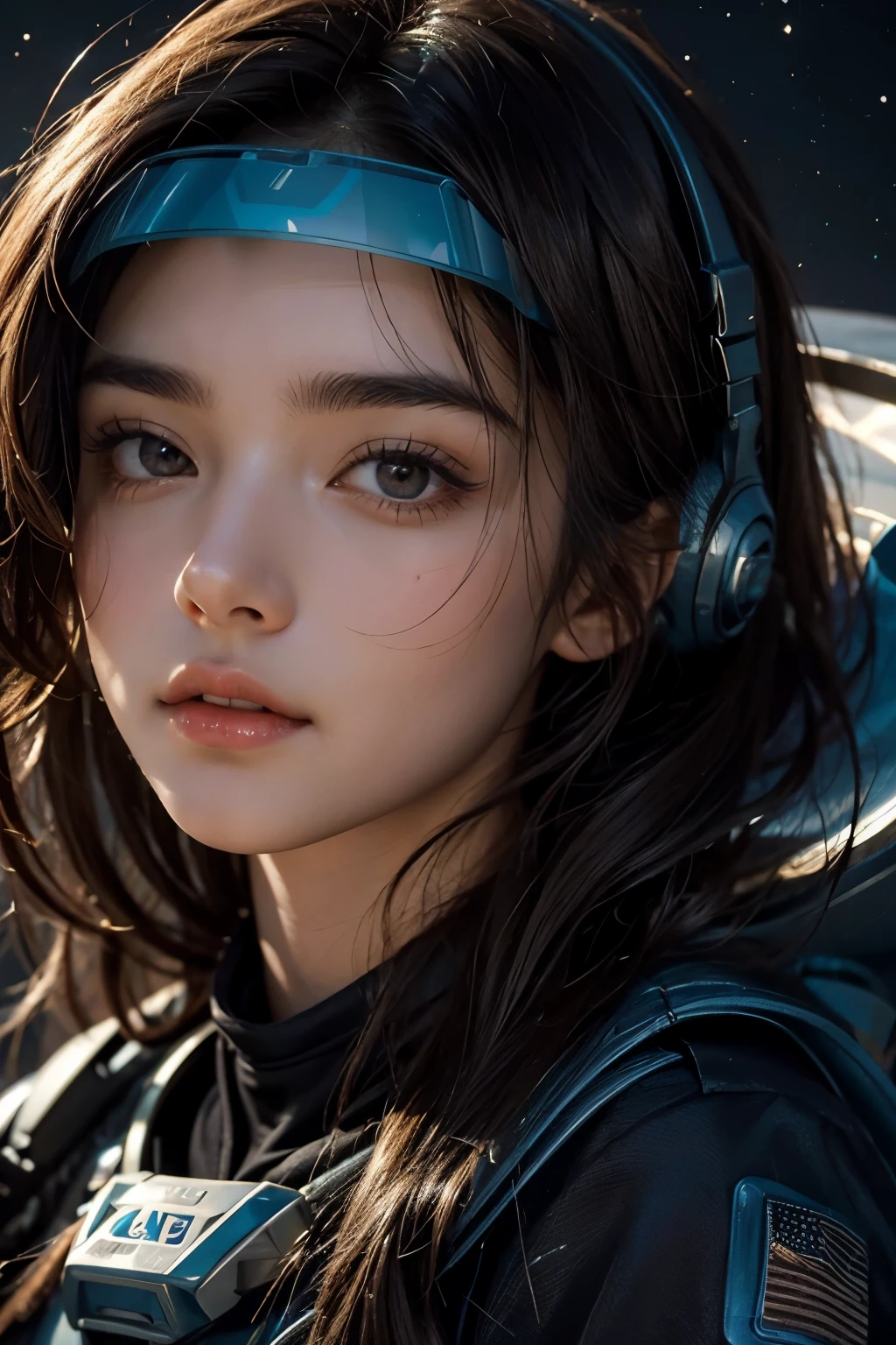 A beautiful woman. Twenty years old. Dark brown hair. She has a tense expression on her face.A simple space suit. No visor. An image of a multidimensional universe in her background.