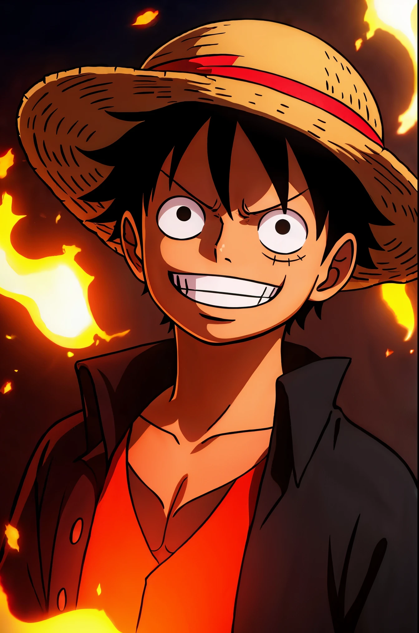 1boy, wanostyle, monkey d luffy, smiling, straw hat, looking at viewer, solo, upper body, ((masterpiece)), (best quality), (extremely detailed), depth of field, sketch, dark intense shadows, sharp focus, soft lighting, hdr, colorful, good composition, fire all around, spectacular, closed shirt, anime screencap, scar under eye, ready to fight, black eyes
