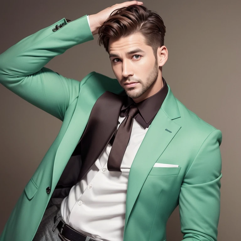 
Extremely handsome 36-year-old man with short chestnut hair, 1.80 meters tall, green-brown eyes. Charismatic allure. GQ-inspired.