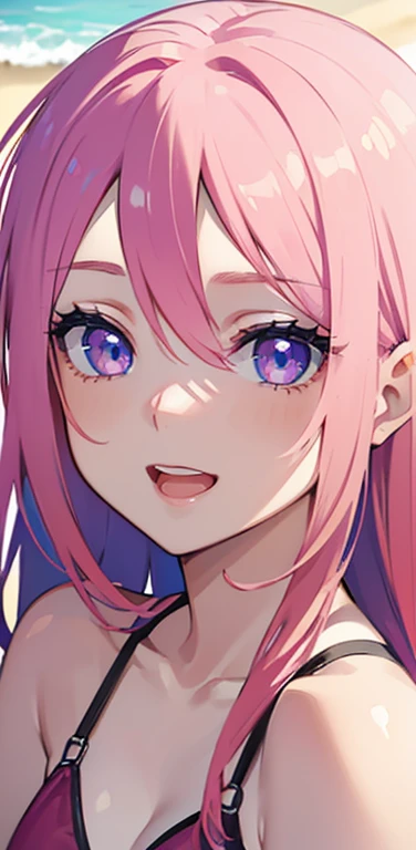 Realistic、1girl、pink hair、blue eyes、(eye focus:1.3,face focus:1.3,upper body:1.5),(gradient eyes:1.3),(red bikini)、open mouth,happy smile,forehead,cute face,portrait,beach、