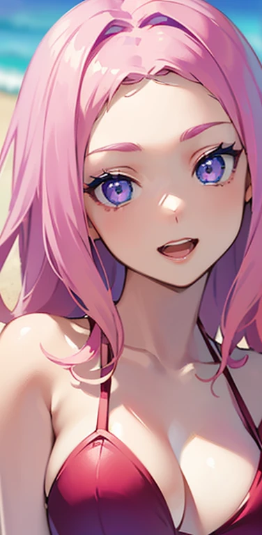 Realistic、1girl、pink hair、blue eyes、(eye focus:1.3,face focus:1.3,upper body:1.5),(gradient eyes:1.3),(red bikini)、open mouth,happy smile,forehead,cute face,portrait,beach、