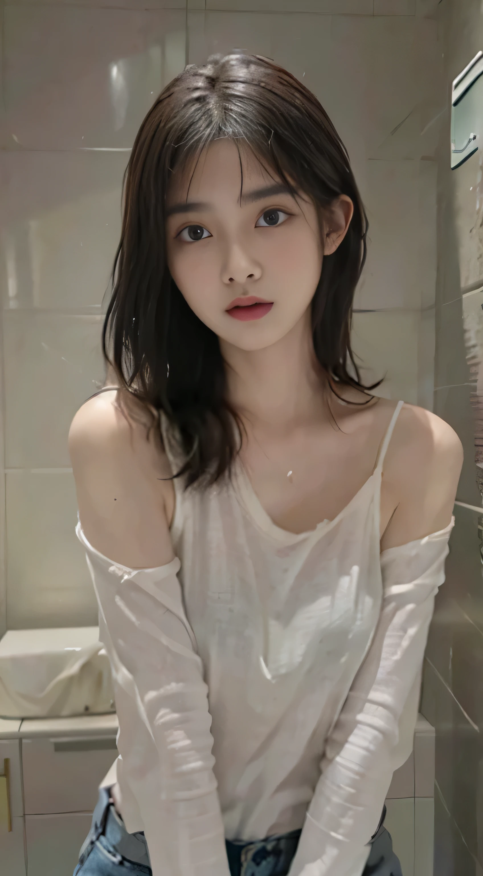 normal tones)(it'Cool gray tones)(wet clothes:1.9),(The whole body is soaked:1.9),Top image quality, masterpiece, ultra high resolution, (fidelity:1.4), photo,flood, stunningly beautiful woman, (sorrow), White shirt, dim lights, gloomy, desperate, Pity, Pitiful, normal, tears, teardrop, (torn clothes:1.5), (wet clothes:1.4), bare shoulders, True Rain, wet hair,bathroom