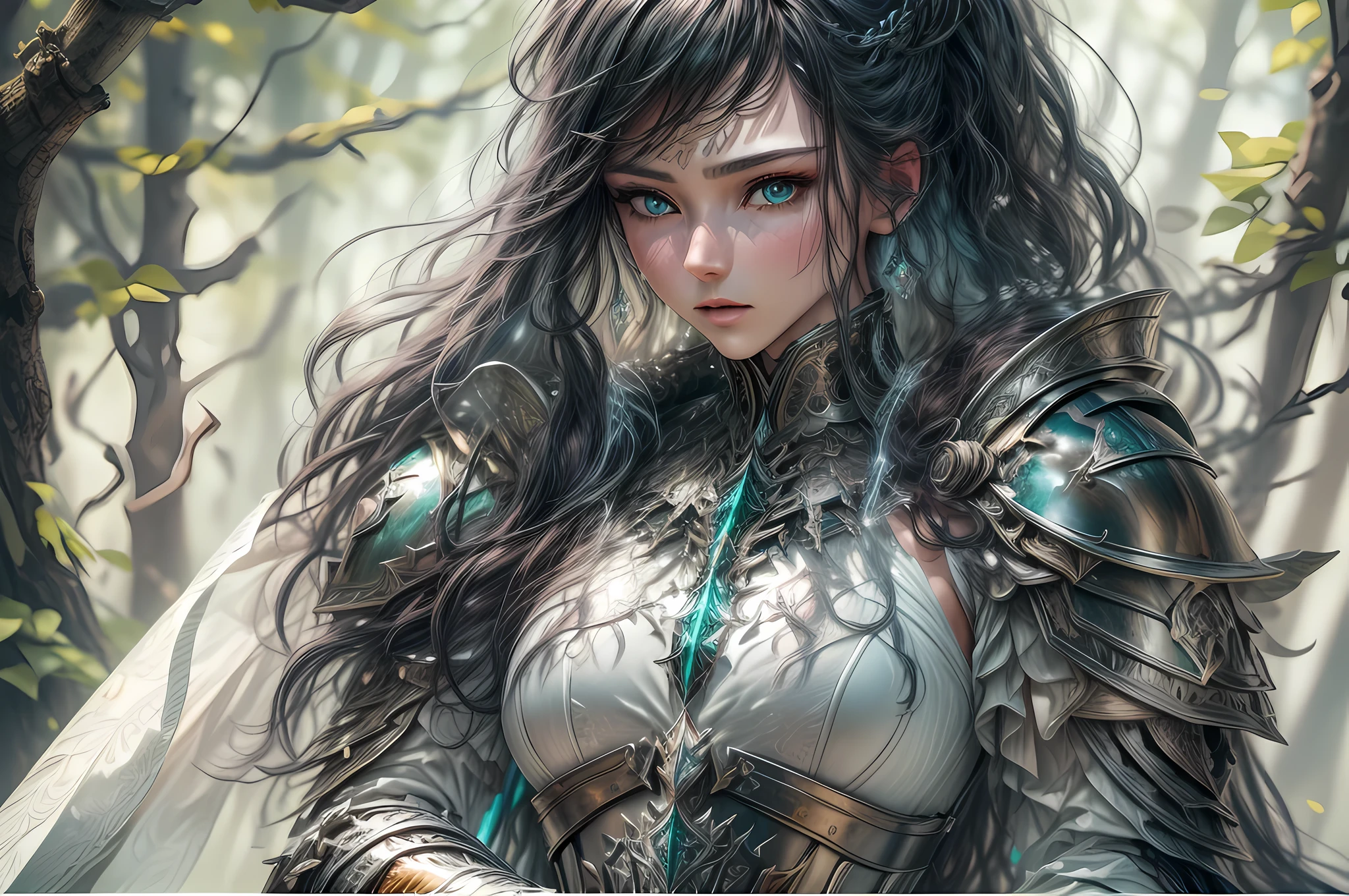 a picture of woman paladin of nature protecting the forest, a woman knight, black hair, long hair, full body (best details, Masterpiece, best quality :1.5), ultra detailed face (best details, Masterpiece, best quality :1.5), ultra feminine (best details, Masterpiece, best quality :1.5), black hair, long hair, braided hair, pale skin, (deep blue: 1.2) eyes, intense eyes, wearying heavy armor, white armor (best details, Masterpiece, best quality :1.5), green cloak, armed with a sword, glowing sword, fantasy forest background, D&D art, RPG art, magical atmosphere magic-fantasy-forest, ultra best realistic, best details, best quality, 16k, [ultra detailed], masterpiece, best quality, (extremely detailed), ultra wide shot, photorealism, depth of field, hyper realistic painting