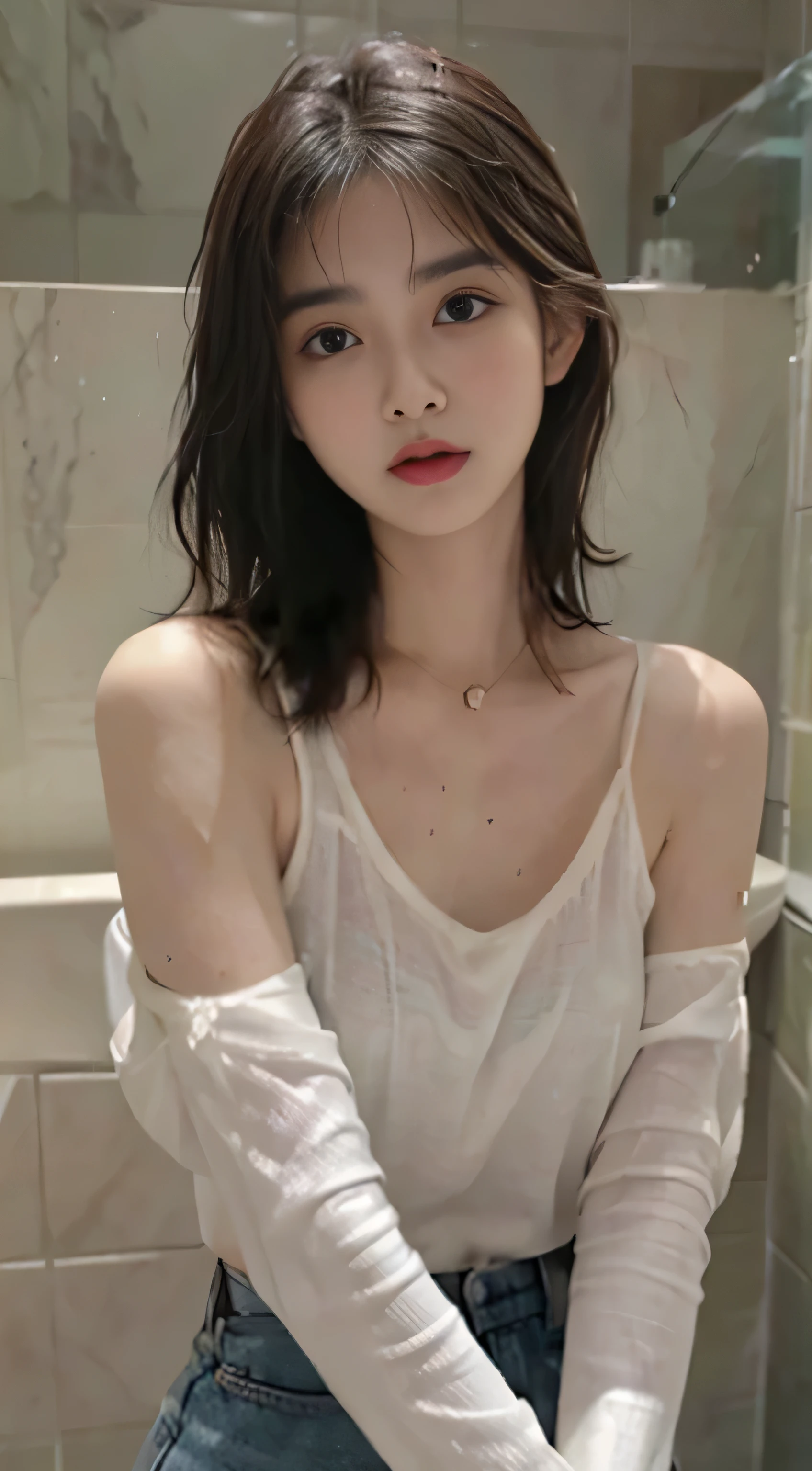 normal tones)(it'Cool gray tones)(wet clothes:1.9),(The whole body is soaked:1.9),Top image quality, masterpiece, ultra high resolution, (fidelity:1.4), photo,flood, stunningly beautiful woman, (sorrow), White shirt, dim lights, gloomy, desperate, Pity, Pitiful, normal, tears, teardrop, (torn clothes:1.5), (wet clothes:1.4), bare shoulders, True Rain, wet hair,bathroom