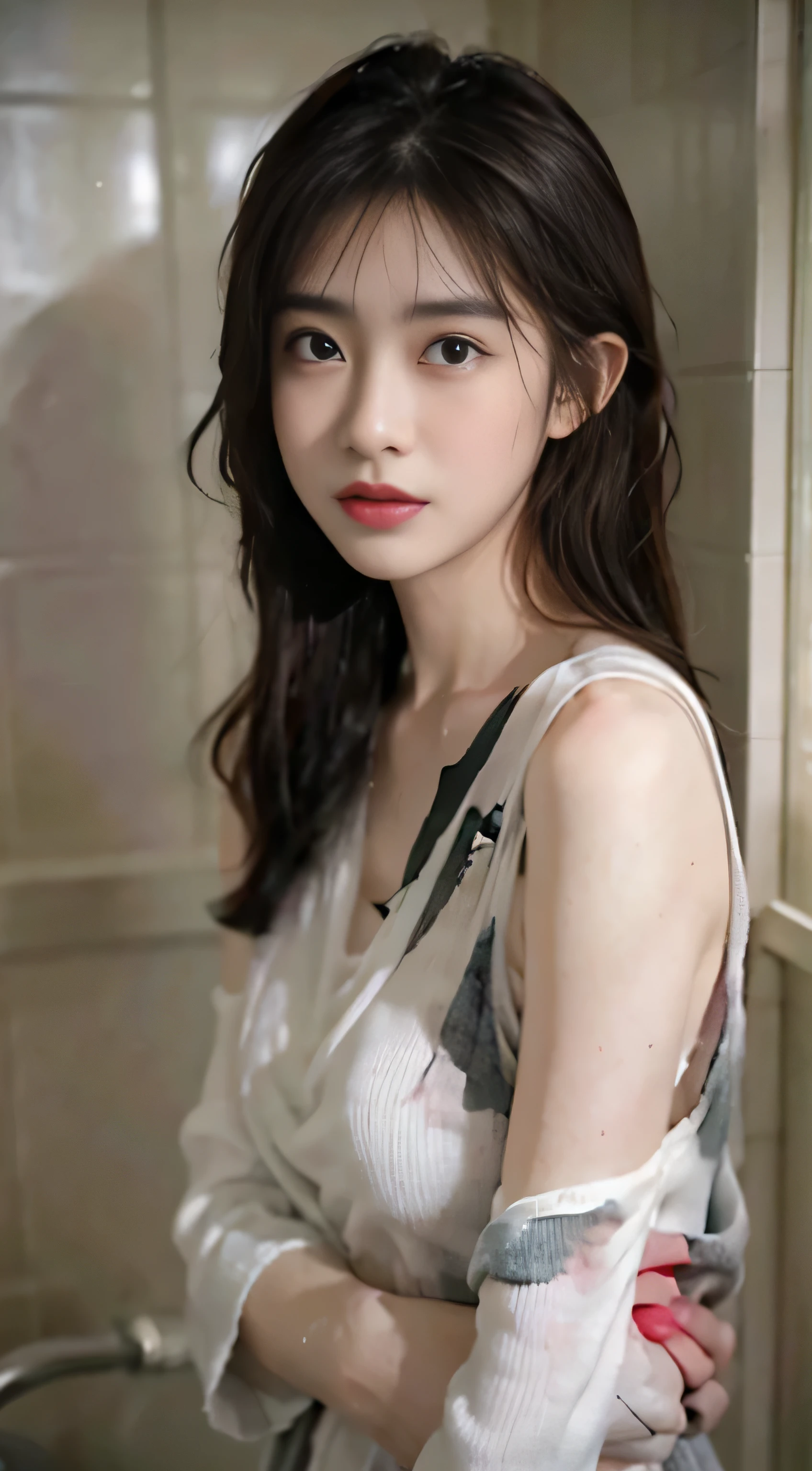 normal tones）（it&#39;Cool gray tones）（wet clothes：1.9）,（The whole body is soaked：1.9）,Top image quality, masterpiece, ultra high resolution, （fidelity：1.4）, photo,flood, stunningly beautiful woman, （sorrow）, White shirt, dim lights, gloomy, desperate, Pity, Pitiful, normal, tears, teardrop, （torn clothes：1.5）, （wet clothes：1.4）, bare shoulders, True Rain, wet hair，bathroom