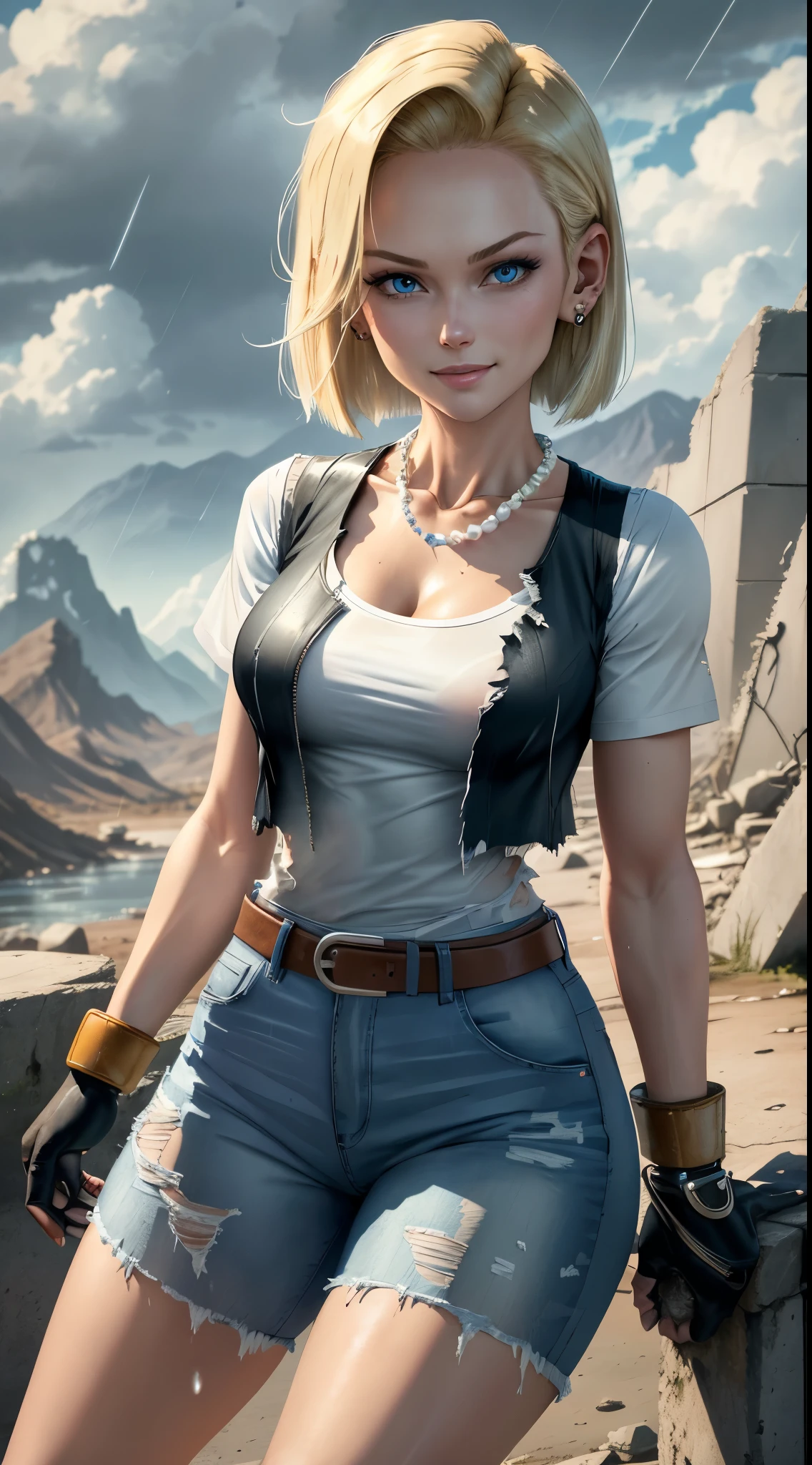 best quality, highres, and18, 1girl, android 18, solo girl, 1girl, blonde hair, blue eyes, belt, blue jeans, pearl necklace, bracelets, black gloves, white shirt, short hair, short sleeves, earrings, blue pants, open vest, black vest, medium breasts, cowboy shot, mountains, straight-on, (weather: raining and windy), wet shirt, sexy smile, combat stance, battle ruins, wide hips, thick legs, torn clothes, closed fists, from behind,