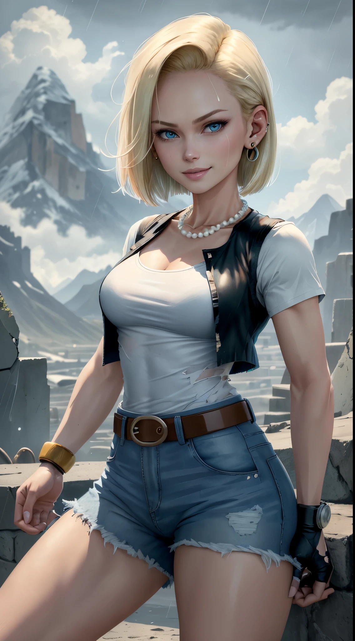 best quality, highres, and18, 1girl, android 18, solo girl, 1girl, blonde hair, blue eyes, belt, blue jeans, pearl necklace, bracelets, black gloves, white shirt, short hair, short sleeves, earrings, blue pants, open vest, black vest, medium breasts, cowboy shot, mountains, straight-on, (weather: raining and windy), wet shirt, sexy smile, combat stance, battle ruins, wide hips, thick legs, torn clothes, closed fists, from behind,