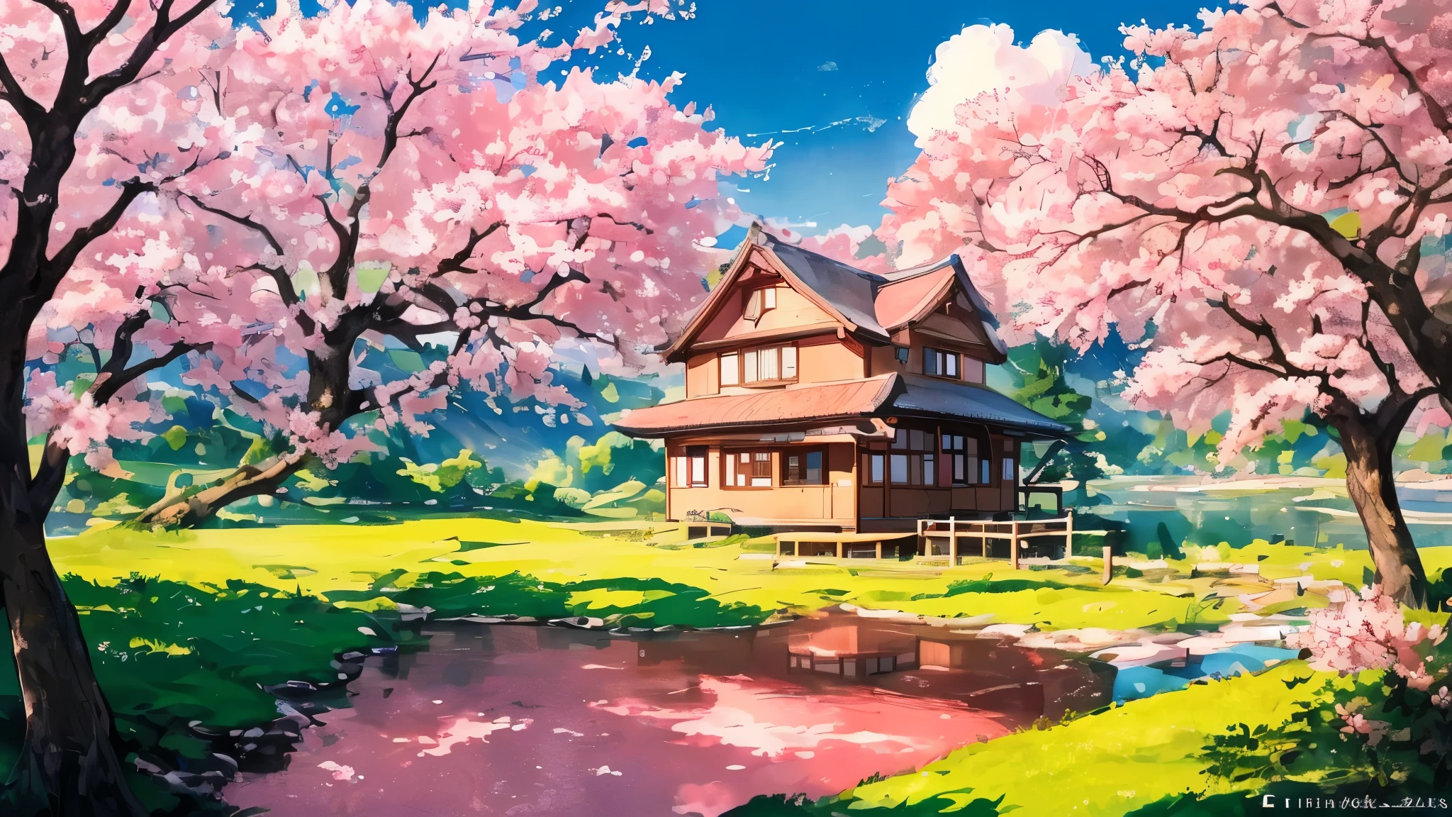 a small lake,sakura,cherry blossum,a small house,grass,ghibli style aesthetic,cosy,bright,beautiful,full HD