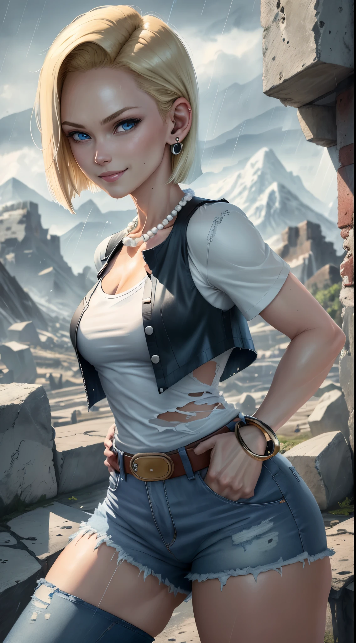 best quality, highres, and18, 1girl, android 18, solo girl, 1girl, blonde hair, blue eyes, belt, blue jeans, pearl necklace, bracelets, black gloves, white shirt, short hair, short sleeves, earrings, blue pants, open vest, black vest, medium breasts, cowboy shot, mountains, straight-on, (weather: raining and windy), wet shirt, sexy smile, combat stance, battle ruins, wide hips, thick legs, torn clothes, closed fists, from behind,
