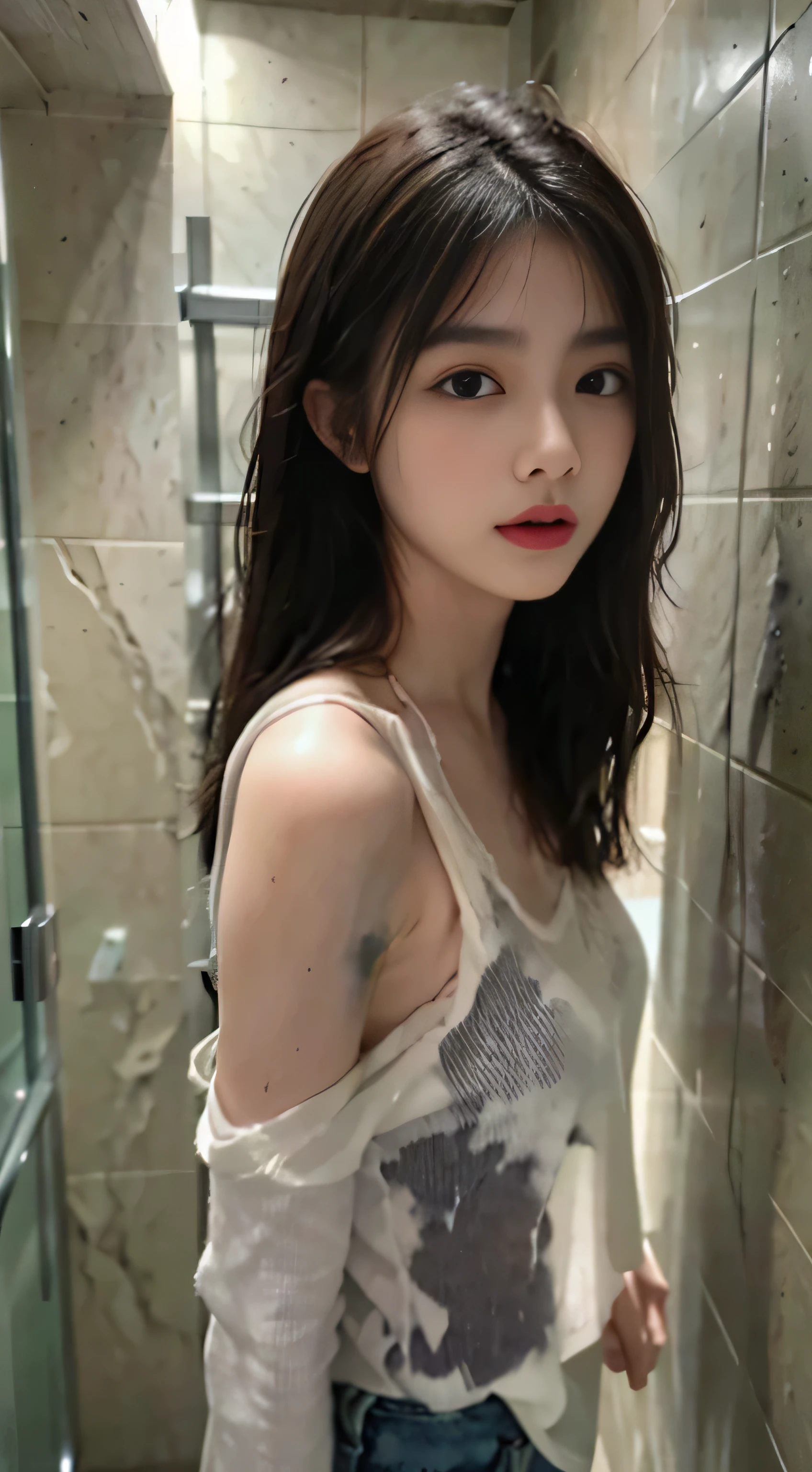 normal tones)(it'Cool gray tones)(wet clothes:1.9),(The whole body is soaked:1.9),Top image quality, masterpiece, ultra high resolution, (fidelity:1.4), photo,flood, stunningly beautiful woman, (sorrow), White shirt, dim lights, gloomy, desperate, Pity, Pitiful, normal, tears, teardrop, (torn clothes:1.5), (wet clothes:1.4), bare shoulders, True Rain, wet hair,bathroom