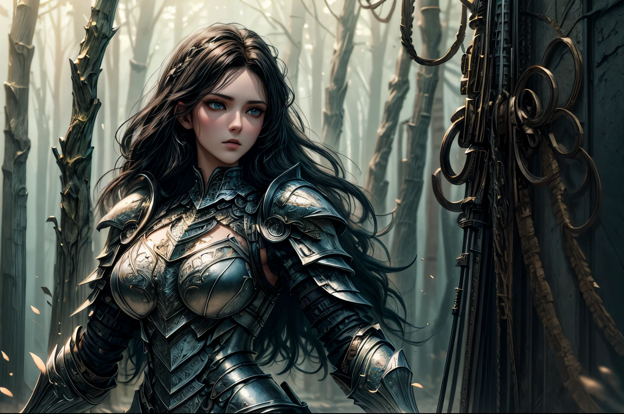 a picture of woman paladin of nature protecting the forest, a woman knight, black hair, long hair, full body (best details, Masterpiece, best quality :1.5), ultra detailed face (best details, Masterpiece, best quality :1.5), ultra feminine (best details, Masterpiece, best quality :1.5), black hair, long hair, braided hair, pale skin, (deep blue: 1.2) eyes, intense eyes, wearying heavy armor, white armor (best details, Masterpiece, best quality :1.5), green cloak, armed with a sword, glowing sword, fantasy forest background, D&D art, RPG art, magical atmosphere magic-fantasy-forest, ultra best realistic, best details, best quality, 16k, [ultra detailed], masterpiece, best quality, (extremely detailed), ultra wide shot, photorealism, depth of field, hyper realistic painting