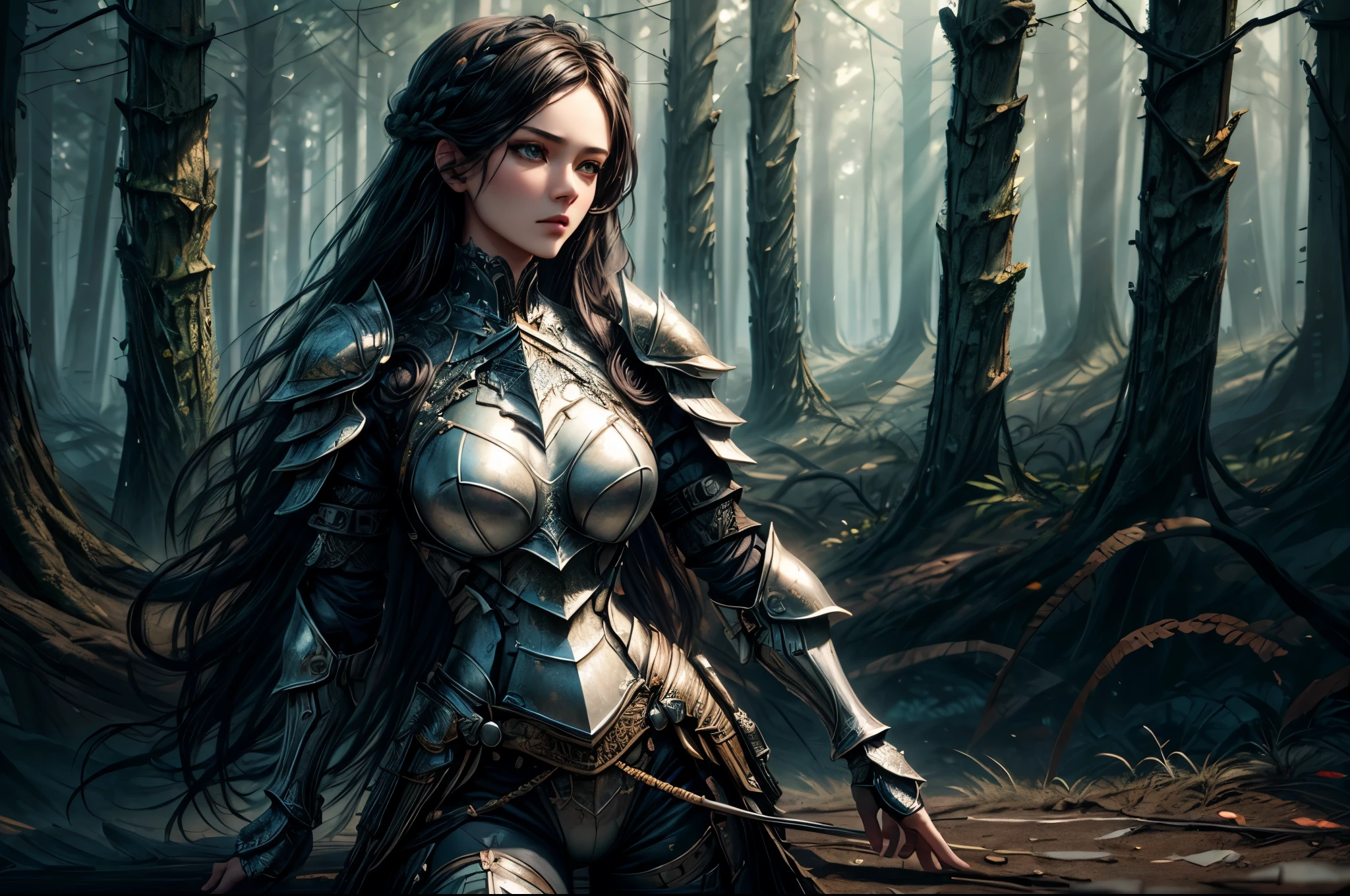 a picture of woman paladin of nature protecting the forest, a woman knight, black hair, long hair, full body (best details, Masterpiece, best quality :1.5), ultra detailed face (best details, Masterpiece, best quality :1.5), ultra feminine (best details, Masterpiece, best quality :1.5), black hair, long hair, braided hair, pale skin, (deep blue: 1.2) eyes, intense eyes, wearying heavy armor, white armor (best details, Masterpiece, best quality :1.5), green cloak, armed with a sword, glowing sword, fantasy forest background, D&D art, RPG art, magical atmosphere magic-fantasy-forest, ultra best realistic, best details, best quality, 16k, [ultra detailed], masterpiece, best quality, (extremely detailed), ultra wide shot, photorealism, depth of field, hyper realistic painting