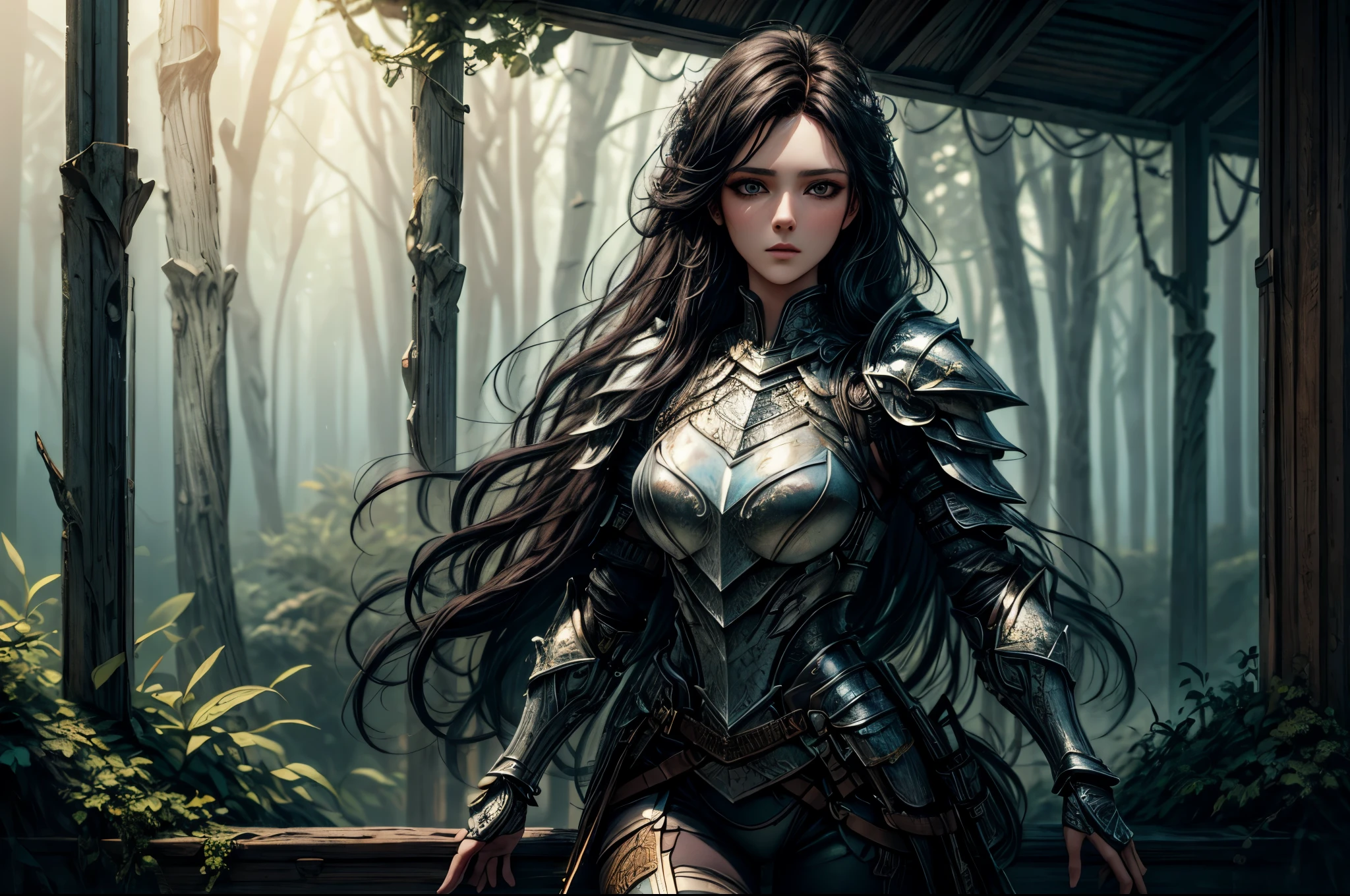 a picture of woman paladin of nature protecting the forest, a woman knight, black hair, long hair, full body (best details, Masterpiece, best quality :1.5), ultra detailed face (best details, Masterpiece, best quality :1.5), ultra feminine (best details, Masterpiece, best quality :1.5), black hair, long hair, braided hair, pale skin, (deep blue: 1.2) eyes, intense eyes, wearying heavy armor, white armor (best details, Masterpiece, best quality :1.5), green cloak, armed with a sword, glowing sword, fantasy forest background, D&D art, RPG art, magical atmosphere magic-fantasy-forest, ultra best realistic, best details, best quality, 16k, [ultra detailed], masterpiece, best quality, (extremely detailed), ultra wide shot, photorealism, depth of field, hyper realistic painting