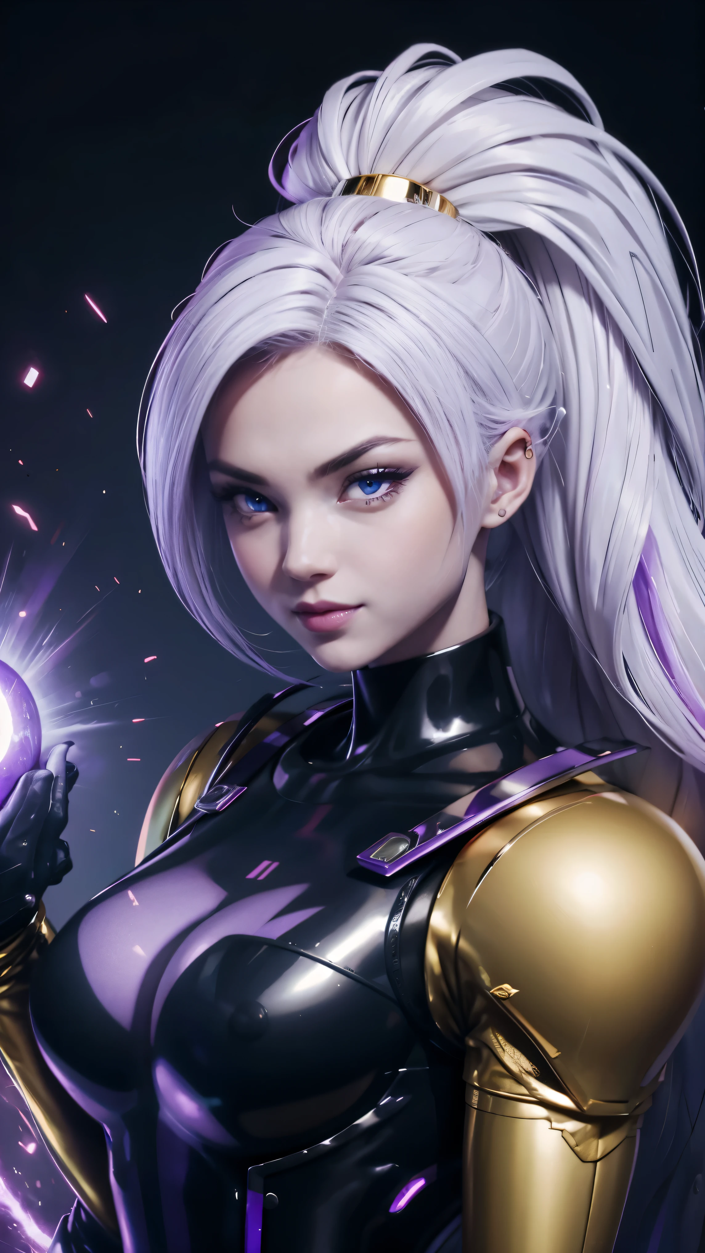 Uma barbie se transformando em um super saiyan escuro com cabelo roxo e olhos roxos brilhantes