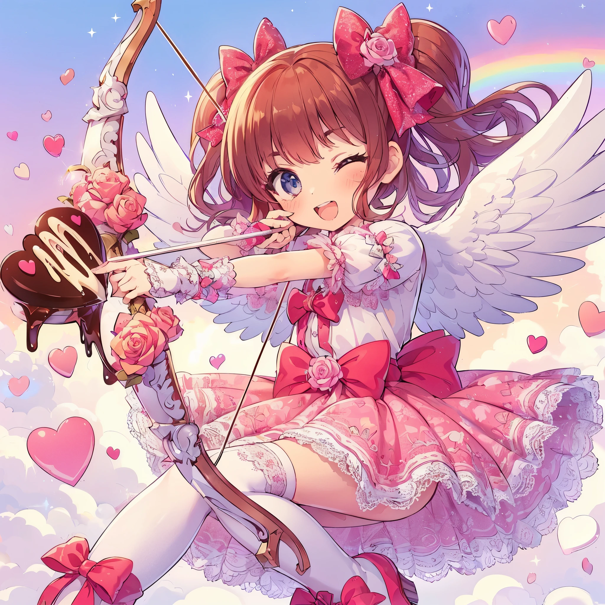 (masterpiece), best quality, expressive eyes, perfect face,1girl, solo, a cure beauty magical girl with little wings in pink outfit holding a small cure bow and heart-shaped chocolate arrow, twintails, ;D,winking, (((bow (weapon), (holding weapon, holding bow (weapon))))), wings, rose, striped over-kneehighs, vivid color, full body