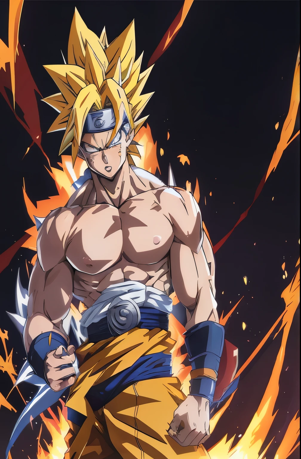 anime character with a muscular body, badass anime 8 k, super sayan, anime style 4 k, super saiyan goku, super saiyan, an epic anime of a energy man, anime wallpaper 4 k, 4 k manga wallpaper, going super saiyan, anime wallpaper, Naruto Uzumaki, ninja leafs headband, Chakra Kurama cloak.