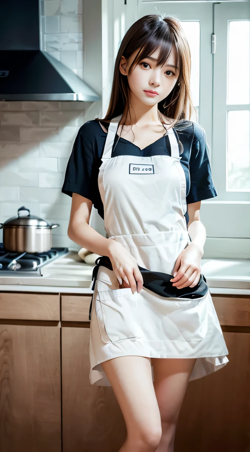 (Close up portrait of one girl with slender small breasts and long hair with dull bangs:1.5)、(A person wearing only an apron is standing in the kitchen.:1.5)、(evening kitchen time:1.5)、(perfect anatomy:1.3(perfect anatomy:1.3)、(Refers to the whole:1.3)、realistic、photograph、table top、highest quality、High resolution, delicate and beautiful、perfect face、beautiful and detailed eyes、Fair skin、real human skin、((thin legs))、(black hair)