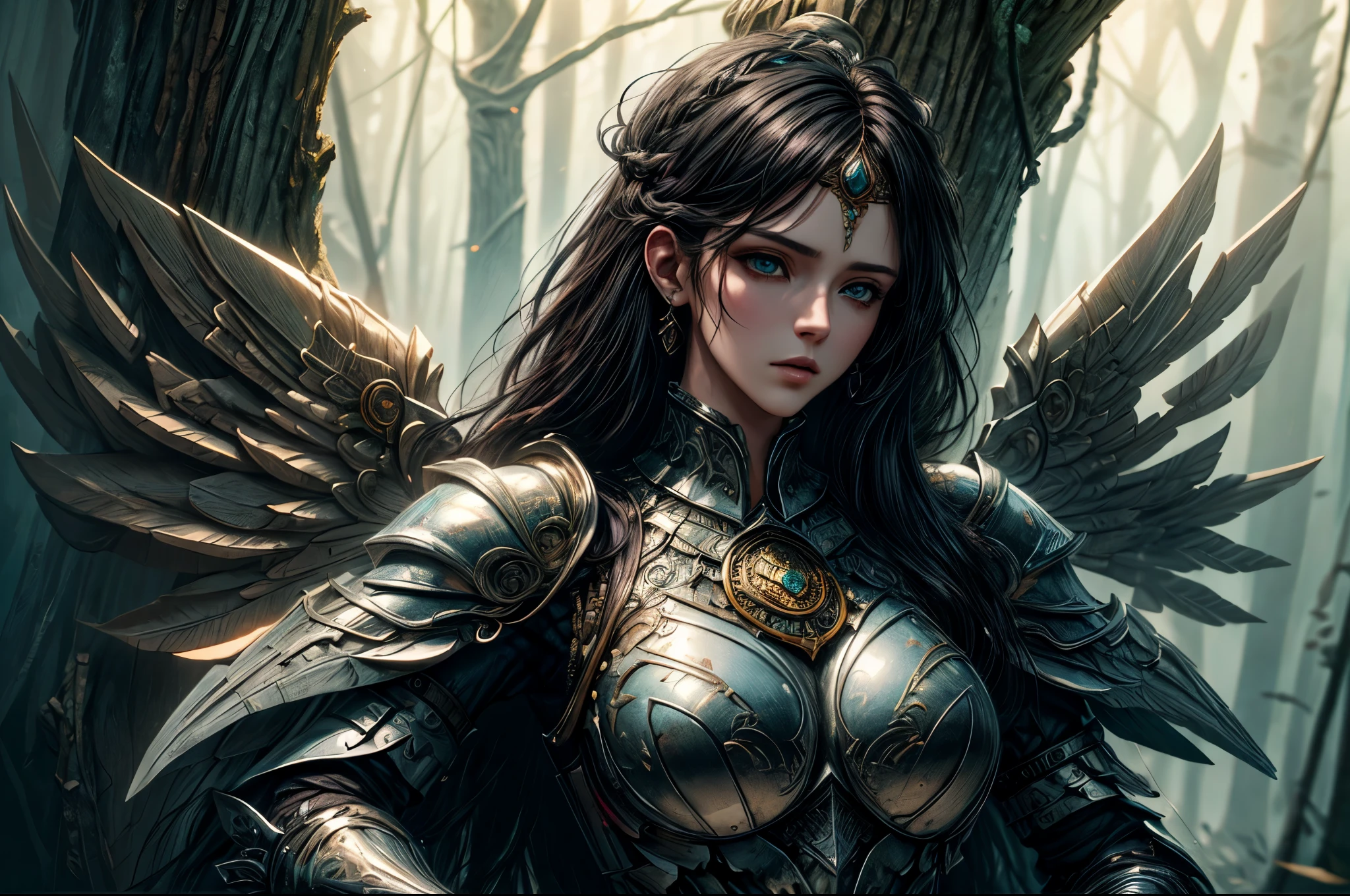 a picture of woman paladin of nature protecting the forest, a woman knight, black hair, long hair, full body (best details, Masterpiece, best quality :1.5), ultra detailed face (best details, Masterpiece, best quality :1.5), ultra feminine (best details, Masterpiece, best quality :1.5), black hair, long hair, braided hair, pale skin, (deep blue: 1.2) eyes, intense eyes, wearying heavy armor, white armor (best details, Masterpiece, best quality :1.5), green cloak, armed with a sword, glowing sword GlowingRunes_green, fantasy forest background, D&D art, RPG art, magical atmosphere magic-fantasy-forest, ultra best realistic, best details, best quality, 16k, [ultra detailed], masterpiece, best quality, (extremely detailed), ultra wide shot, photorealism, depth of field, hyper realistic painting