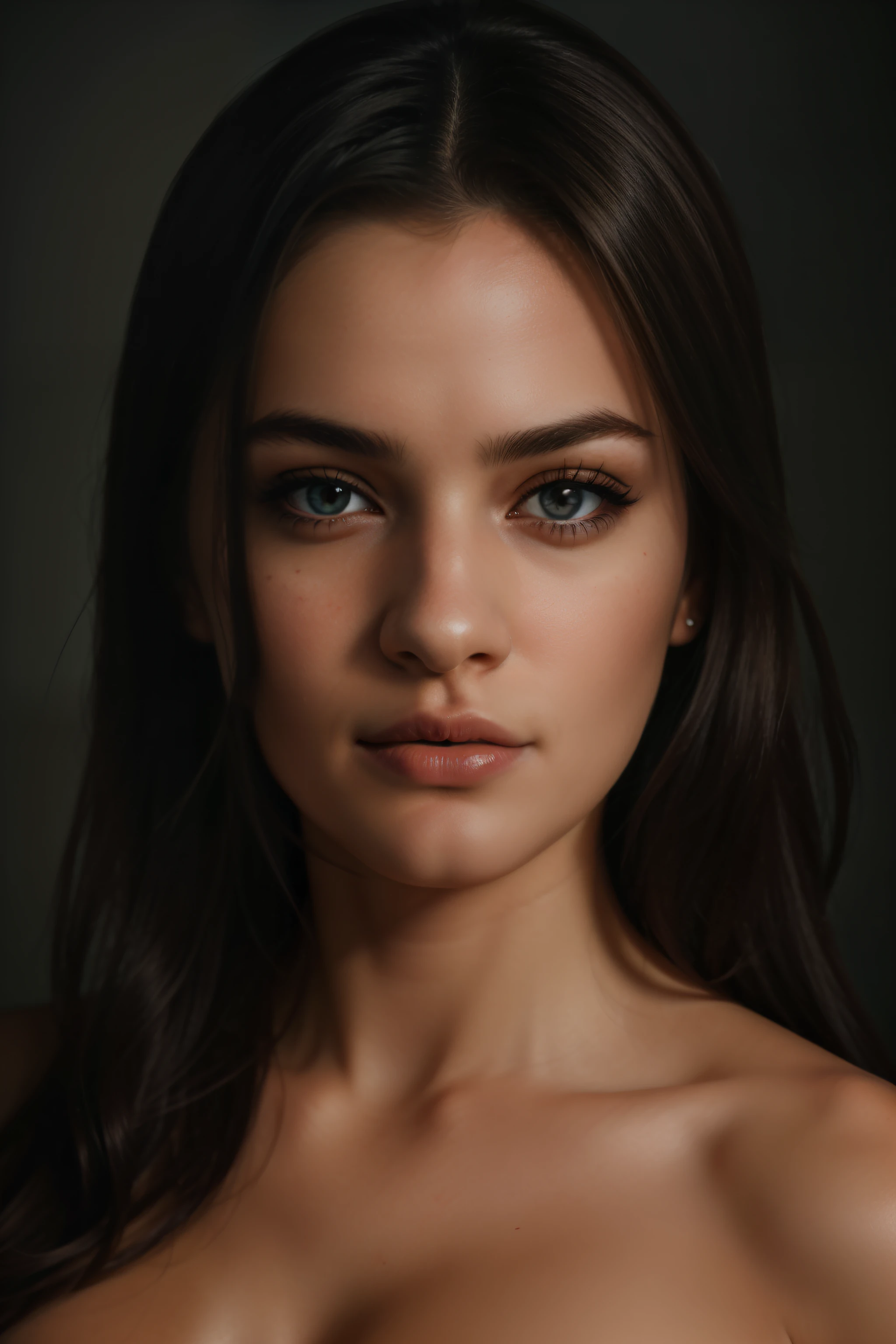 Fashion photography portrait of 1 girl, bare shoulders, long fluffy hair, soft light, light on the edges, beautiful shadow, low key, (photorealistic, raw photo: 1.2), (natural skin texture, realistic details of eyes and face), hyperrealism, very high resolution, 4K, best quality, masterpiece, necklace, (neckline: 1.2), in the dark, lower shot, viewer facing backwards and slowly turning to the right looking at the viewer.