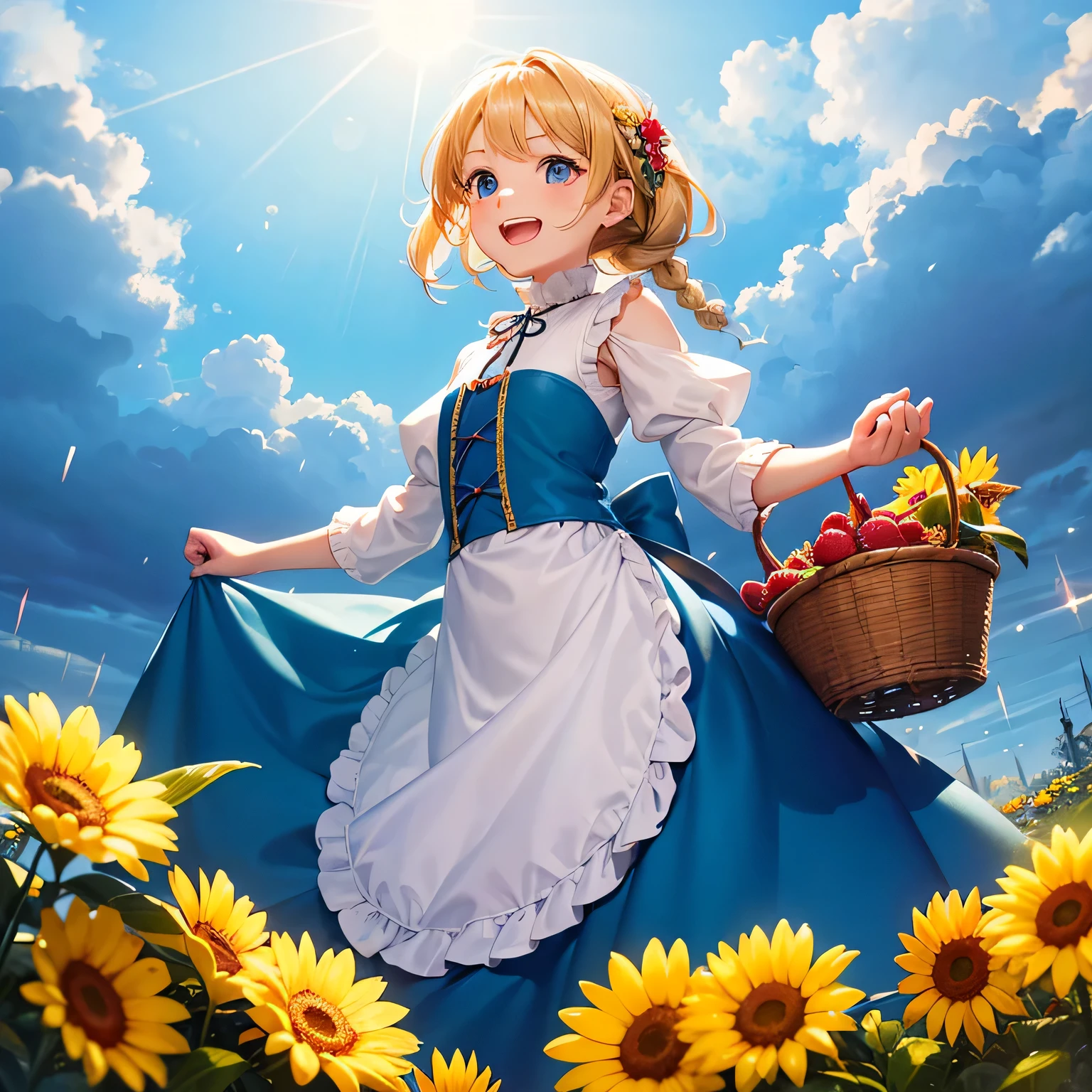 

melhor imagem, linda  de 8 anos, pega as frutas e coloca na cesta, Risos, feliz, Shy, shiny light blonde iridescent braided hairstyle, Grandes olhos azuis brilhantes, large proportion, apus e vestido medieval, fundo vermelho na colina, clear sky , sol e luz solar, chuva e gotas de chuva, professional lighting