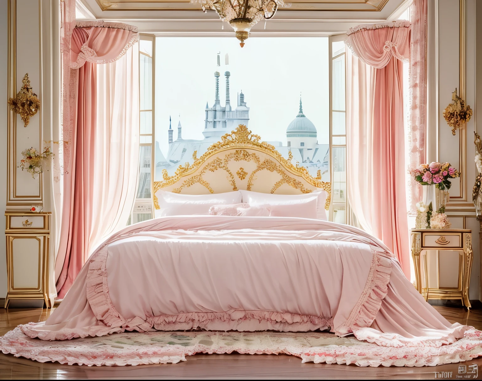 ,highest quality, masterpiece, highest resolution, artwork, super それにget used to it, many get used to it, get used to it, それにget used to it, 3K realistic photos,,((inside the palace)),,,(( 10 years old)),,((inside the palace bedroom)),In a luxurious silk satin canopy bed,King size bed with canopy,Golden luxury bed frame in rococo style,Both sides of the bed have luxurious shocking pink ruffled curtains。。,many frilly pillows on the bed,super detailed background,detailed bed,romantic atmosphere,,soft shocking pink silk satin comforter,Soft shocking pink silk satin ruffled pillow,detailed futon,