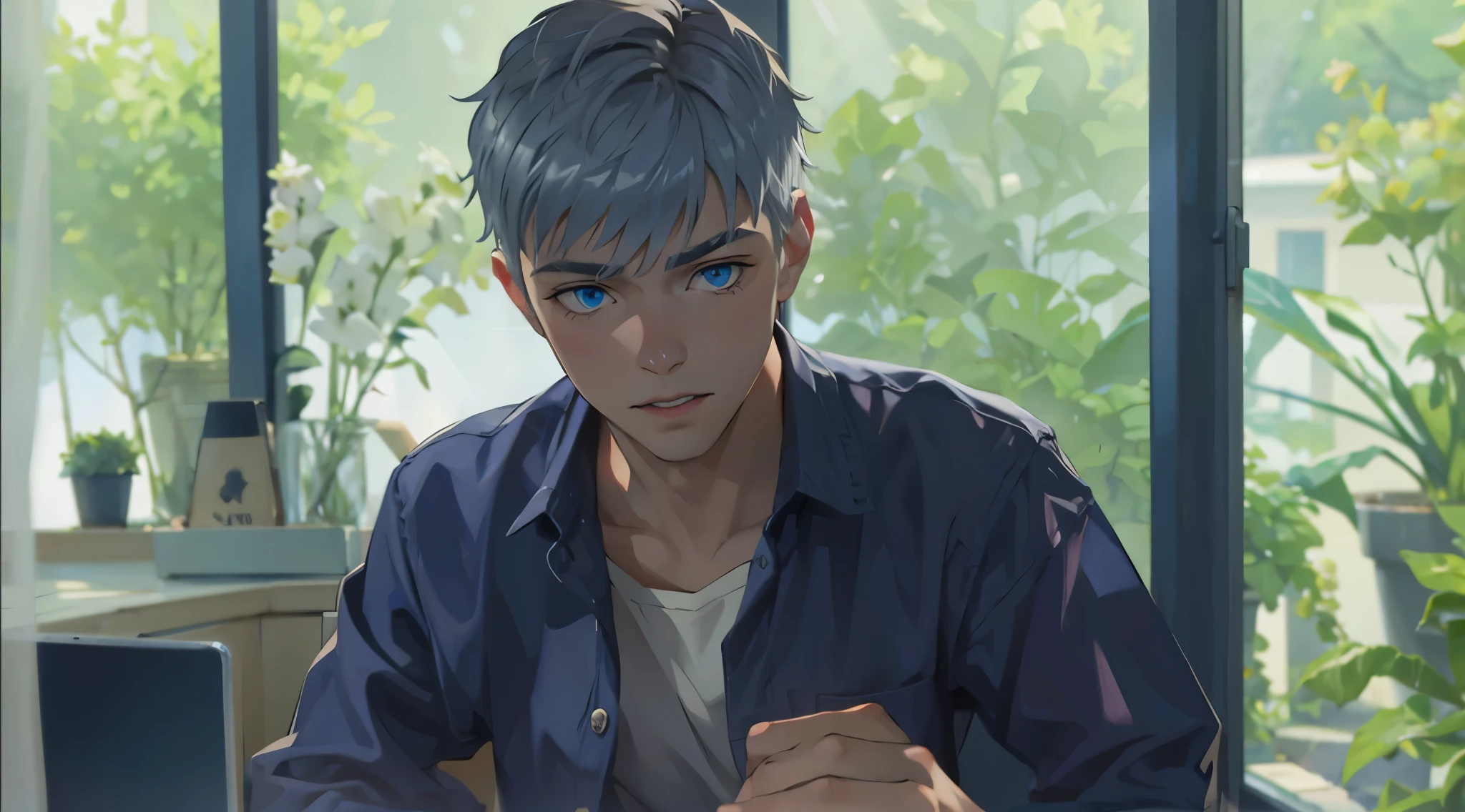 A young city man, 16 years old, silver hair, blue eyes, checks his cell phone.