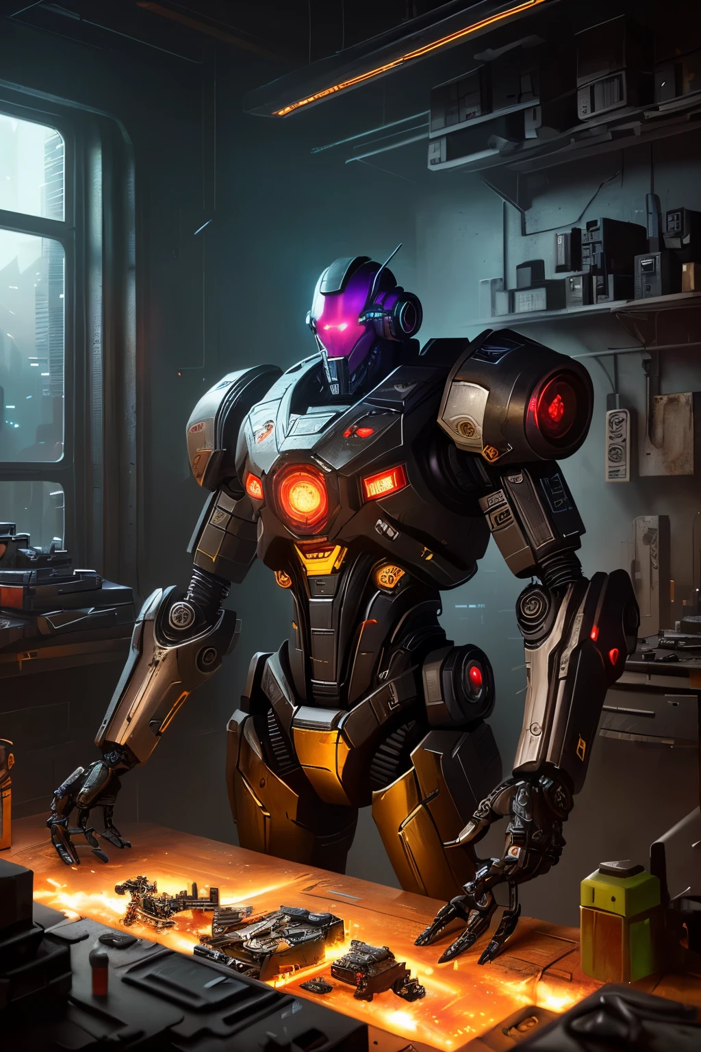 Masterpiece, (photorealistic: 1.4), Best quality, Ultra high res, Wide angle Environmental shot in a cluttered and messy shack, Action-packed scene, League of Legends, Vibrant and rich colors, Photo-realistic representation, Realistic textures and details, Dramatic lighting, Dark and gritty tones, Sharp focus on key elements, 8K resolution.

Robot in pieces, Glowing red visor, Realistic sci-fi cyberpunk Gangster, Medium shot, Intricately designed mechanical components, Unreal Engine, Cozy indoor lighting evoking a sense of mystery, Artstation showcase