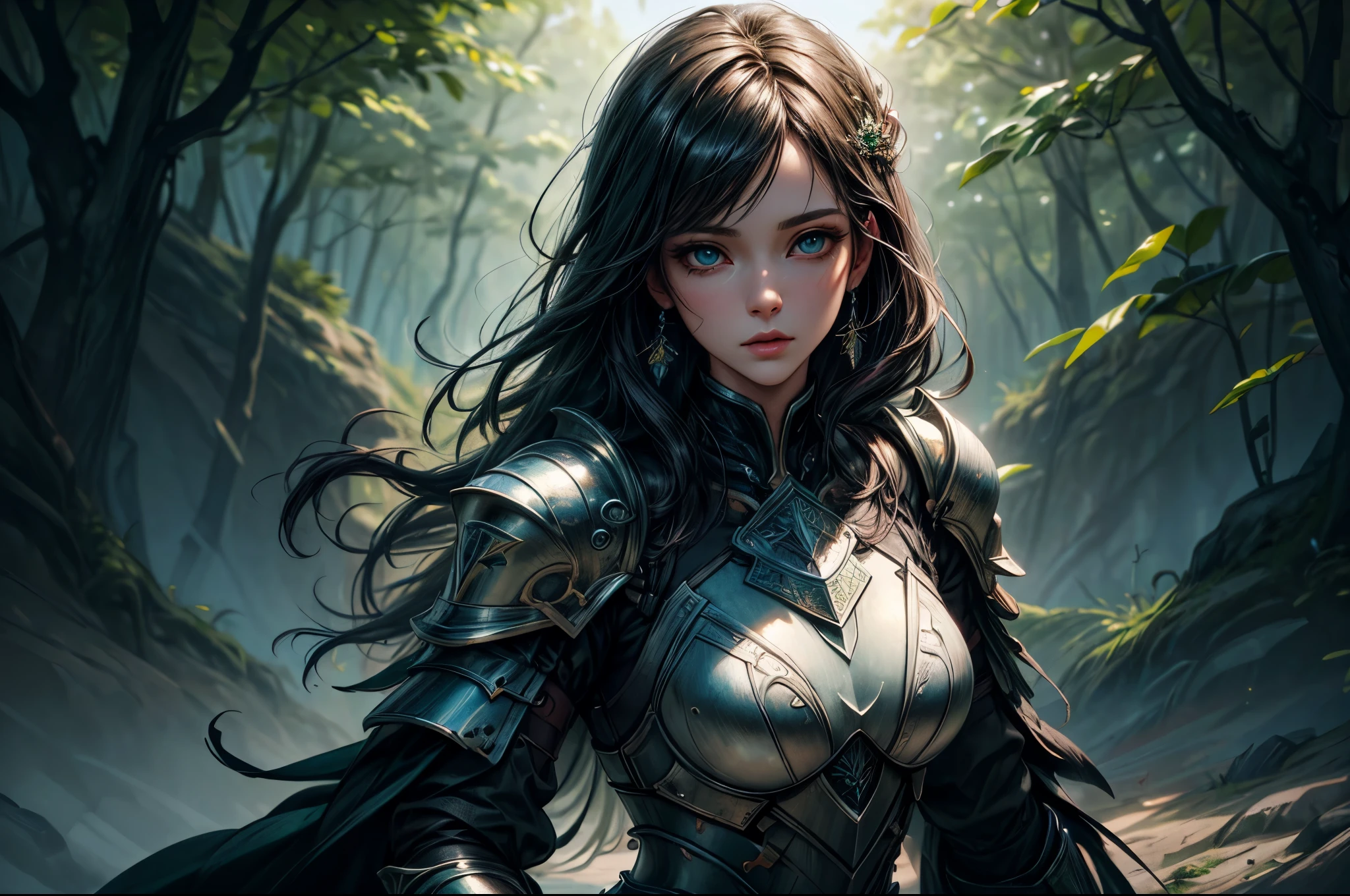 a picture of woman paladin of nature protecting the forest, a woman knight, black hair, long hair, full body (best details, Masterpiece, best quality :1.5), ultra detailed face (best details, Masterpiece, best quality :1.5), ultra feminine (best details, Masterpiece, best quality :1.5), black hair, long hair, braided hair, pale skin, (deep blue: 1.2) eyes, intense eyes, wearying heavy armor, white armor (best details, Masterpiece, best quality :1.5), green cloak, armed with a sword, glowing sword GlowingRunes_green, fantasy forest background, D&D art, RPG art, magical atmosphere magic-fantasy-forest, ultra best realistic, best details, best quality, 16k, [ultra detailed], masterpiece, best quality, (extremely detailed), ultra wide shot, photorealism, depth of field, hyper realistic painting