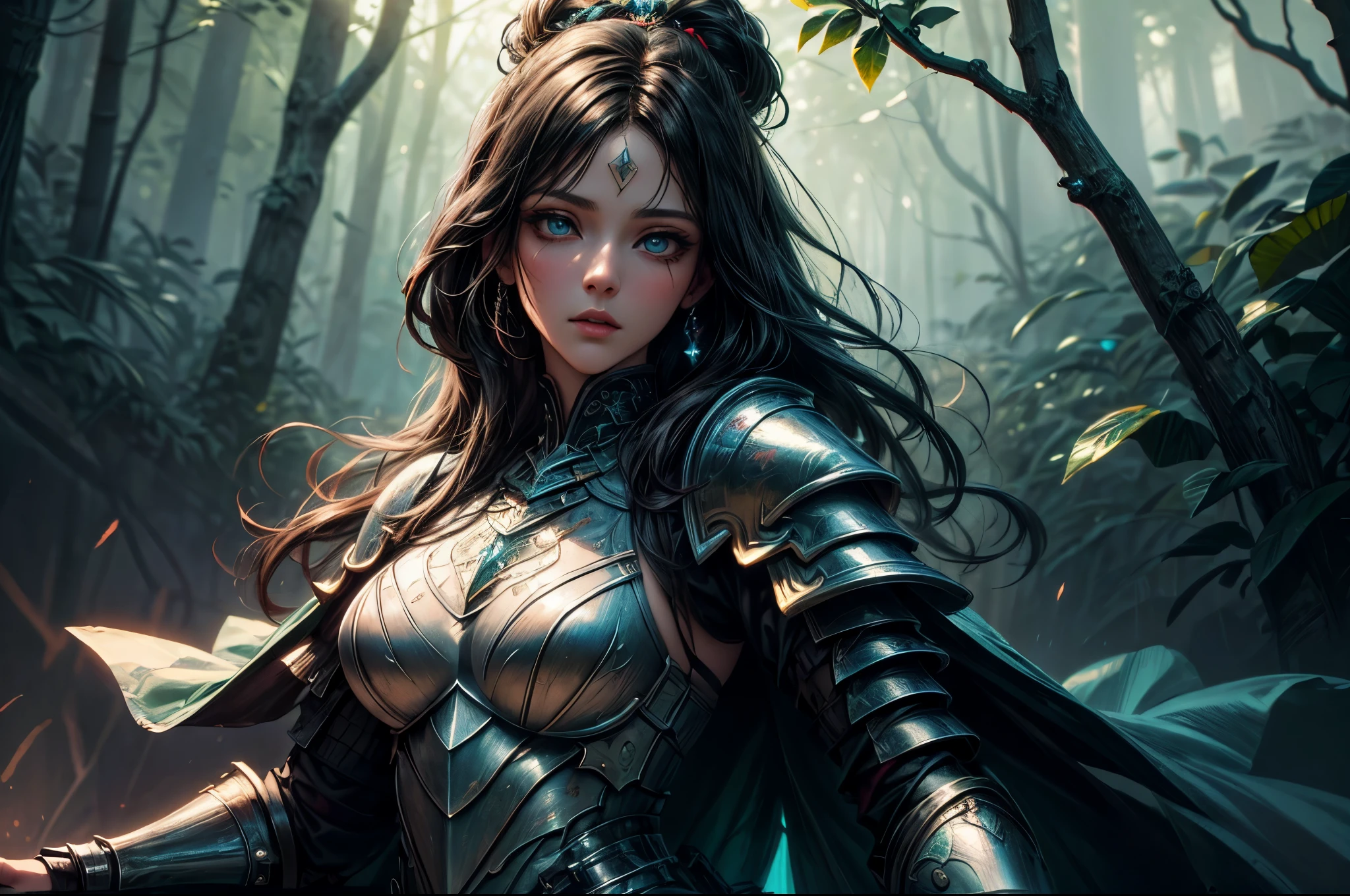 a picture of woman paladin of nature protecting the forest, a woman knight, black hair, long hair, full body (best details, Masterpiece, best quality :1.5), ultra detailed face (best details, Masterpiece, best quality :1.5), ultra feminine (best details, Masterpiece, best quality :1.5), black hair, long hair, braided hair, pale skin, (deep blue: 1.2) eyes, intense eyes, wearying heavy armor, white armor (best details, Masterpiece, best quality :1.5), green cloak, armed with a sword, glowing sword GlowingRunes_green, fantasy forest background, D&D art, RPG art, magical atmosphere magic-fantasy-forest, ultra best realistic, best details, best quality, 16k, [ultra detailed], masterpiece, best quality, (extremely detailed), ultra wide shot, photorealism, depth of field, hyper realistic painting