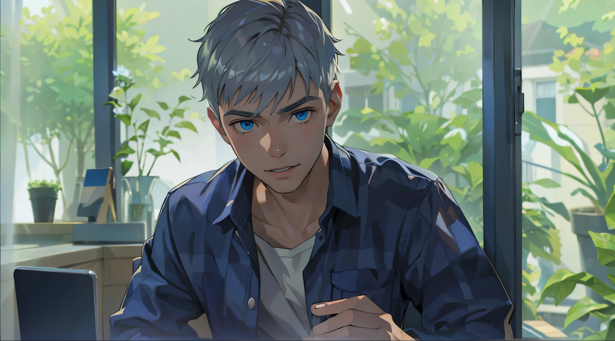 A young city man, 16 years old, silver hair, blue eyes, checks his cell phone.