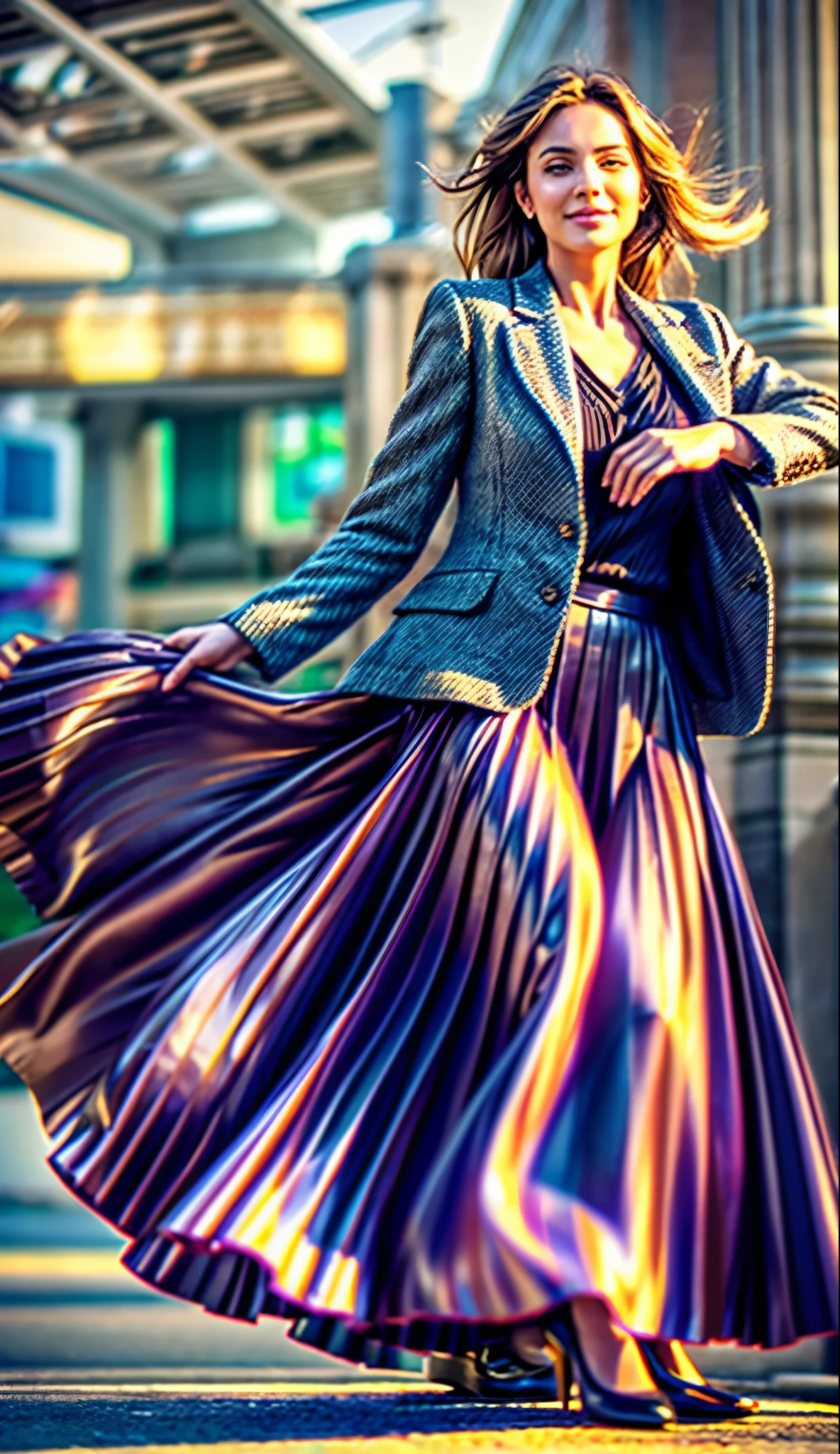 A smiling, authentic, (shy:1,3), kind, beautiful woman, is passionately in love with her skirt, while wind lifts her skirt, wearing short blazer and very very detailed (long (fully pleated) full circle skirt) and (low heeled court shoes), very very intricate hyper-detailed symmetric (attractive graceful young feminine face) with (sad, tired eyes and a loving smile), large breasts, full of empathy and compassion and love, (pronounced (feminine) features), (highly detailed ultra accurate realistic) hands and fingers, (windy), epic composition, highly detailed attributes, (35mm f1.4 Kodak portra 400 photograph), extremely high quality RAW photograph, highly detailed atmosphere, sci-fi, cinematic shot, dynamic lighting, 75mm, Technicolor, Panavision, cinemascope, sharp focus, fine details, 8k, HDR, realism, realistic, key visual, film still, superb cinematic color grading, depth of field