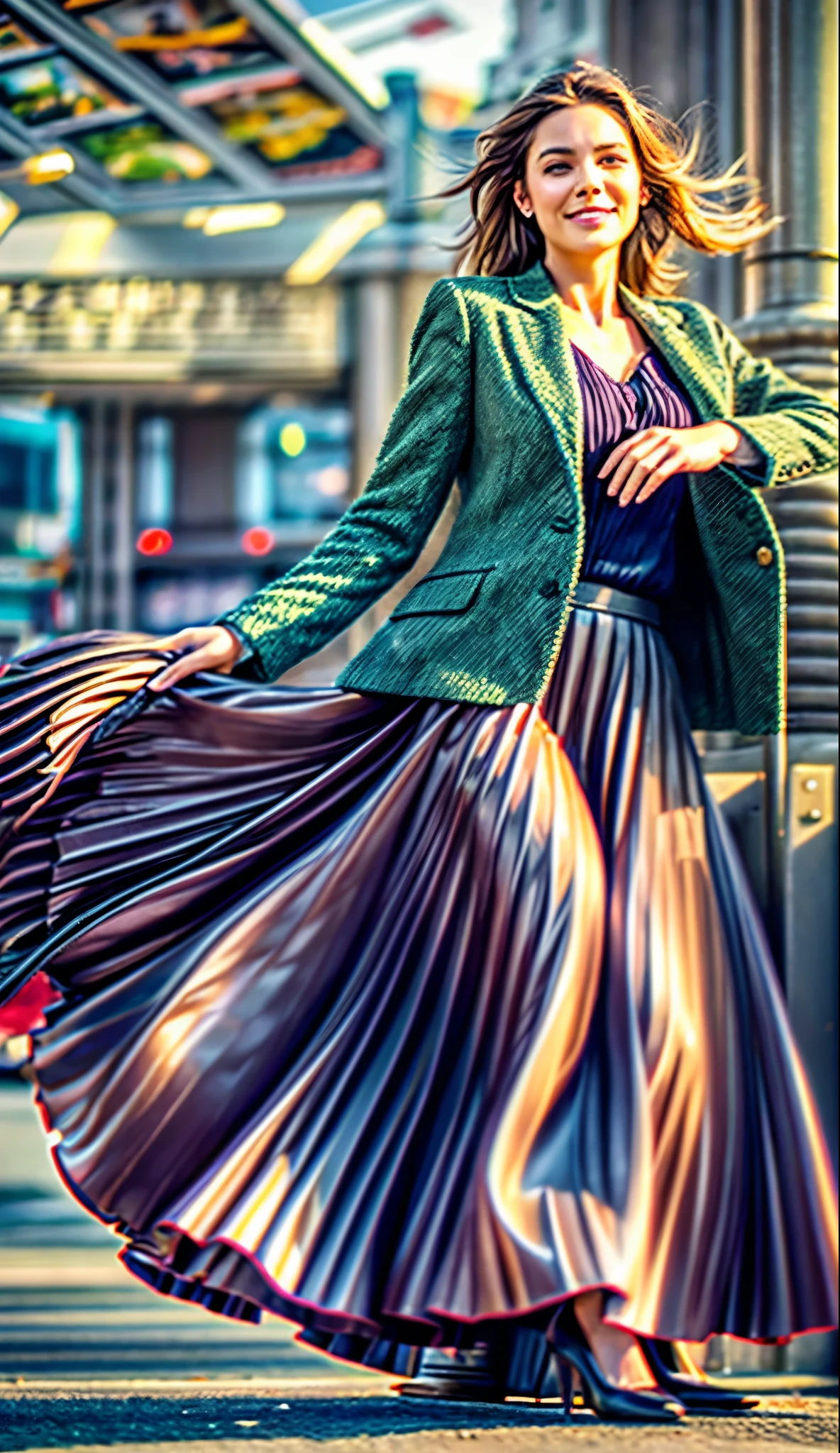 A smiling, authentic, (shy:1,3), kind, beautiful woman, is passionately in love with her skirt, while wind lifts her skirt, wearing short blazer and very very detailed (long (fully pleated) full circle skirt) and (low heeled court shoes), very very intricate hyper-detailed symmetric (attractive graceful young feminine face) with (sad, tired eyes and a loving smile), large breasts, full of empathy and compassion and love, (pronounced (feminine) features), (highly detailed ultra accurate realistic) hands and fingers, (windy), epic composition, highly detailed attributes, (35mm f1.4 Kodak portra 400 photograph), extremely high quality RAW photograph, highly detailed atmosphere, sci-fi, cinematic shot, dynamic lighting, 75mm, Technicolor, Panavision, cinemascope, sharp focus, fine details, 8k, HDR, realism, realistic, key visual, film still, superb cinematic color grading, depth of field