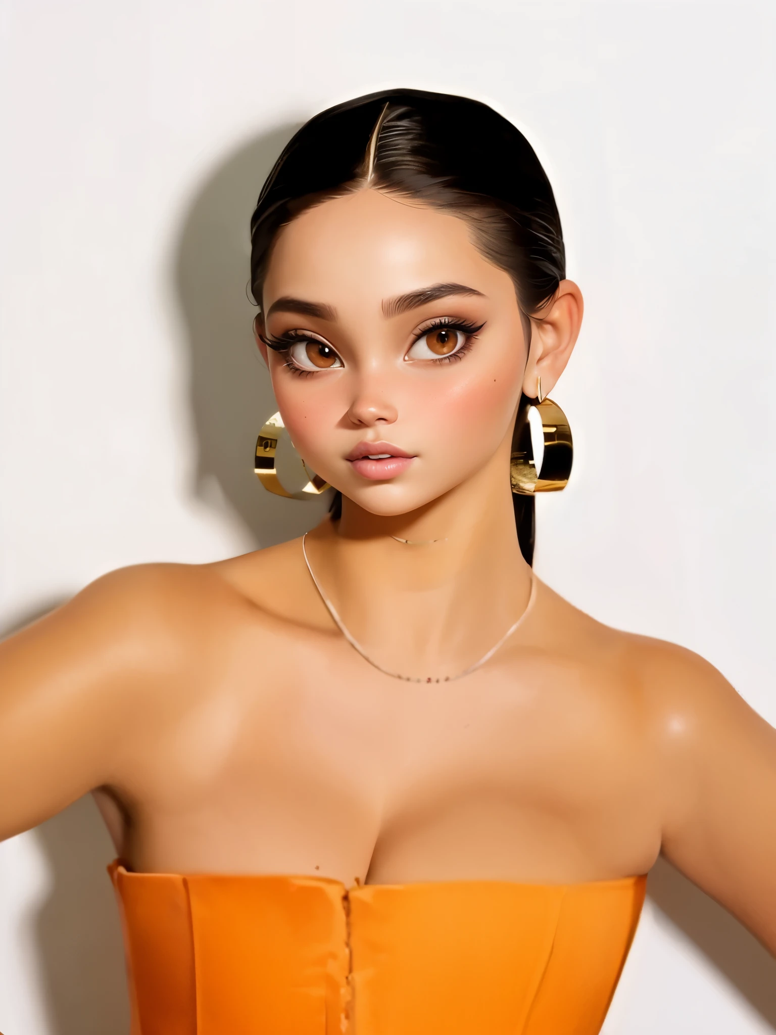a close up of a woman in an orange dress posing for a picture, solo photoshoot, inspired by Robbie Trevino, inspired by Gina Pellón, selena gomez, gorgeous female jade tailor, rosalia, commercial photo, jaw-dropping beauty, in front of an orange background, headshot profile picture, bella poarch, glossy magazine photoshoot, portrait of demi rose