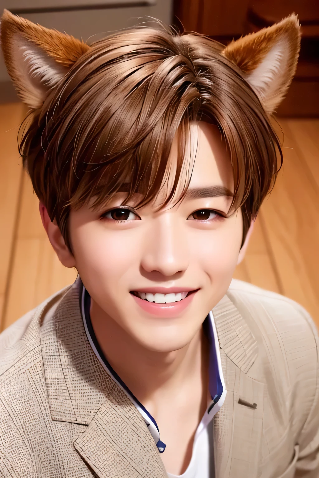 1 person、high quality，masterpiece，8K,smile、look up、、dog ears、 (shot from above)、(Close-up of a headshot)、short brown hair
