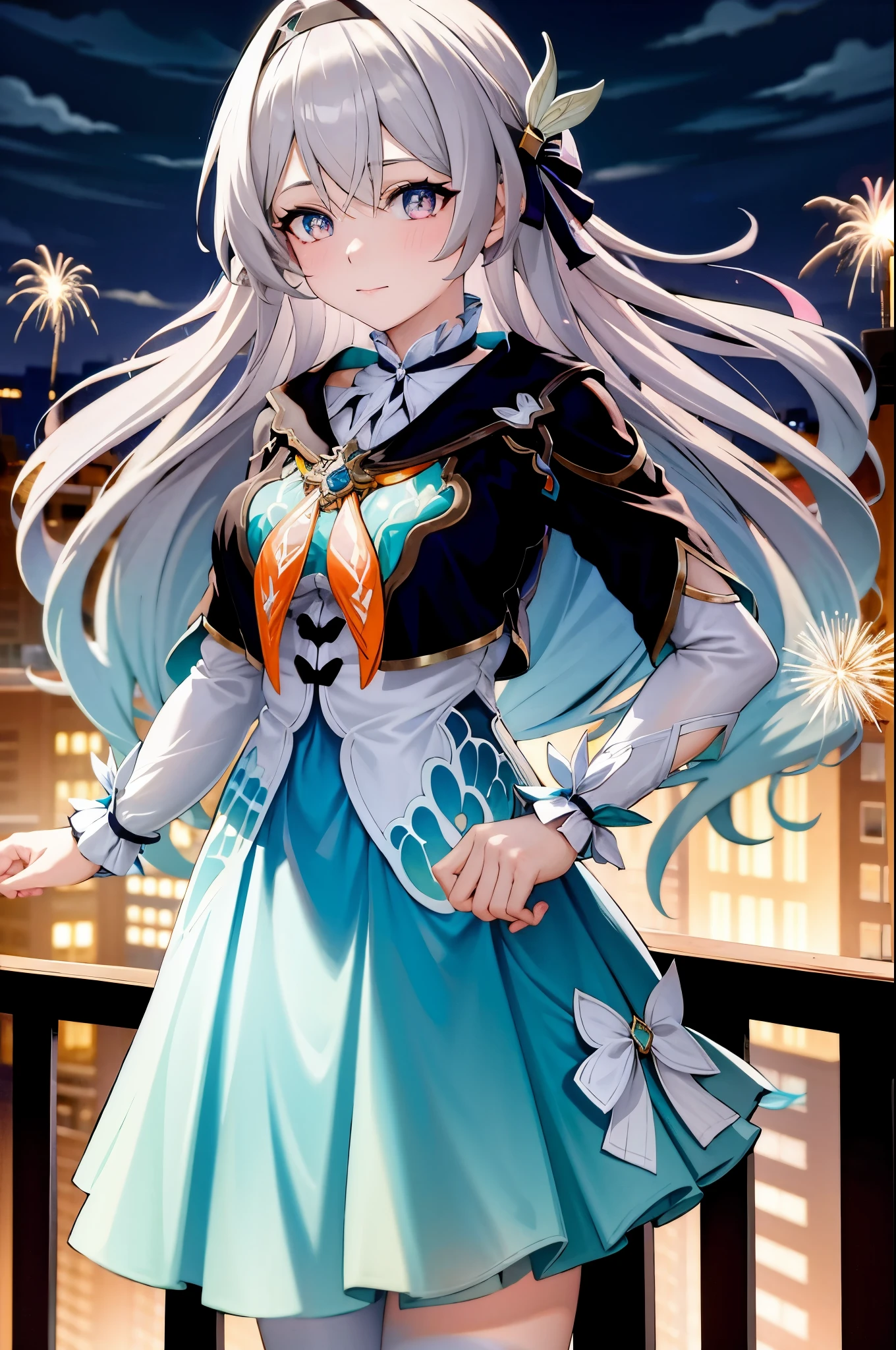 (masterpiece, best quality:1.2), 1 girl,Blue-pink gradient pupils，Brown and light teal，silver long hair，White·，sit，looki at viewer，（（（bunny ears）））（（（maid outfit）））（（（fireworks）））fireworks，night，night