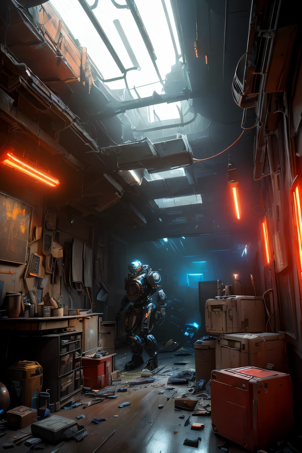 A masterpiece, (photorealistic: 1.4), of a cluttered and messy shack in a wide angle environmental shot. Amidst the chaos, an intense action shot unfolds as a robot lies in pieces with a glowing red visor, embodying the realistic sci-fi cyberpunk essence of a gangster. The intricate details of the destroyed machine are brought to life by unreal engine, while cosy indoor lighting adds a sense of intimacy. Captured with Craig Mullins' and Greg Rutkowski's skill and rendered using Octane, this image showcases vibrant and dramatic contrasts, volumetric lights, and sharp focus that trends on