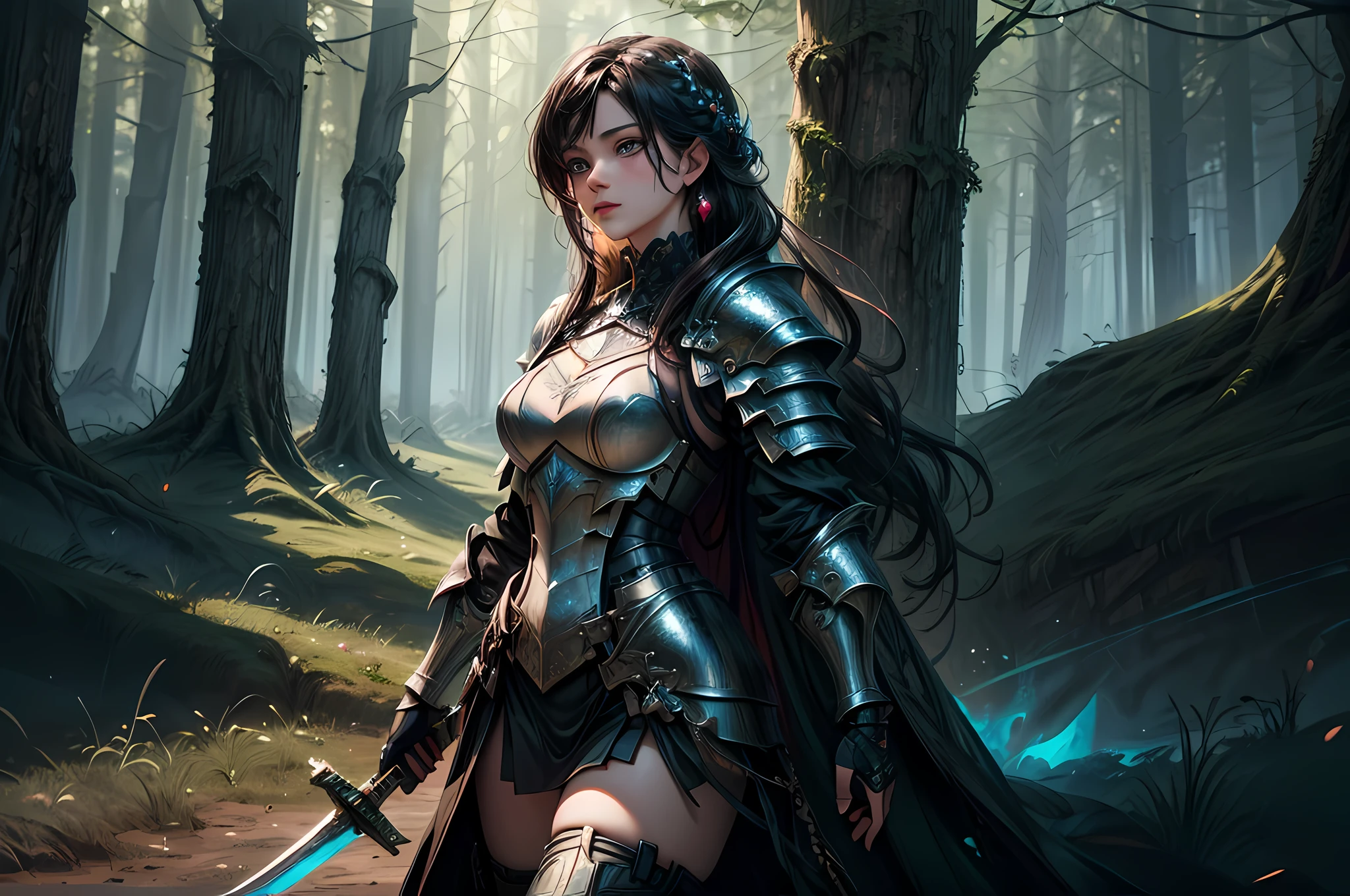 a picture of woman paladin of nature protecting the forest, a woman knight, black hair, long hair, full body (best details, Masterpiece, best quality :1.5), ultra detailed face (best details, Masterpiece, best quality :1.5), ultra feminine (best details, Masterpiece, best quality :1.5), black hair, long hair, braided hair, pale skin, (deep blue: 1.2) eyes, intense eyes, wearying heavy armor, white armor (best details, Masterpiece, best quality :1.5), green cloak, armed with a sword, glowing sword GlowingRunes_green, fantasy forest background, D&D art, RPG art, magical atmosphere magic-fantasy-forest, ultra best realistic, best details, best quality, 16k, [ultra detailed], masterpiece, best quality, (extremely detailed), ultra wide shot, photorealism, depth of field, hyper realistic painting