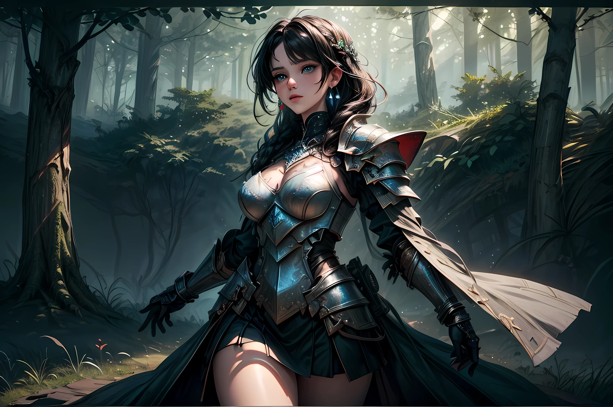 a picture of woman paladin of nature protecting the forest, a woman knight, black hair, long hair, full body (best details, Masterpiece, best quality :1.5), ultra detailed face (best details, Masterpiece, best quality :1.5), ultra feminine (best details, Masterpiece, best quality :1.5), black hair, long hair, braided hair, pale skin, (deep blue: 1.2) eyes, intense eyes, wearying heavy armor, white armor (best details, Masterpiece, best quality :1.5), green cloak, armed with a sword, glowing sword GlowingRunes_green, fantasy forest background, D&D art, RPG art, magical atmosphere magic-fantasy-forest, ultra best realistic, best details, best quality, 16k, [ultra detailed], masterpiece, best quality, (extremely detailed), ultra wide shot, photorealism, depth of field, hyper realistic painting