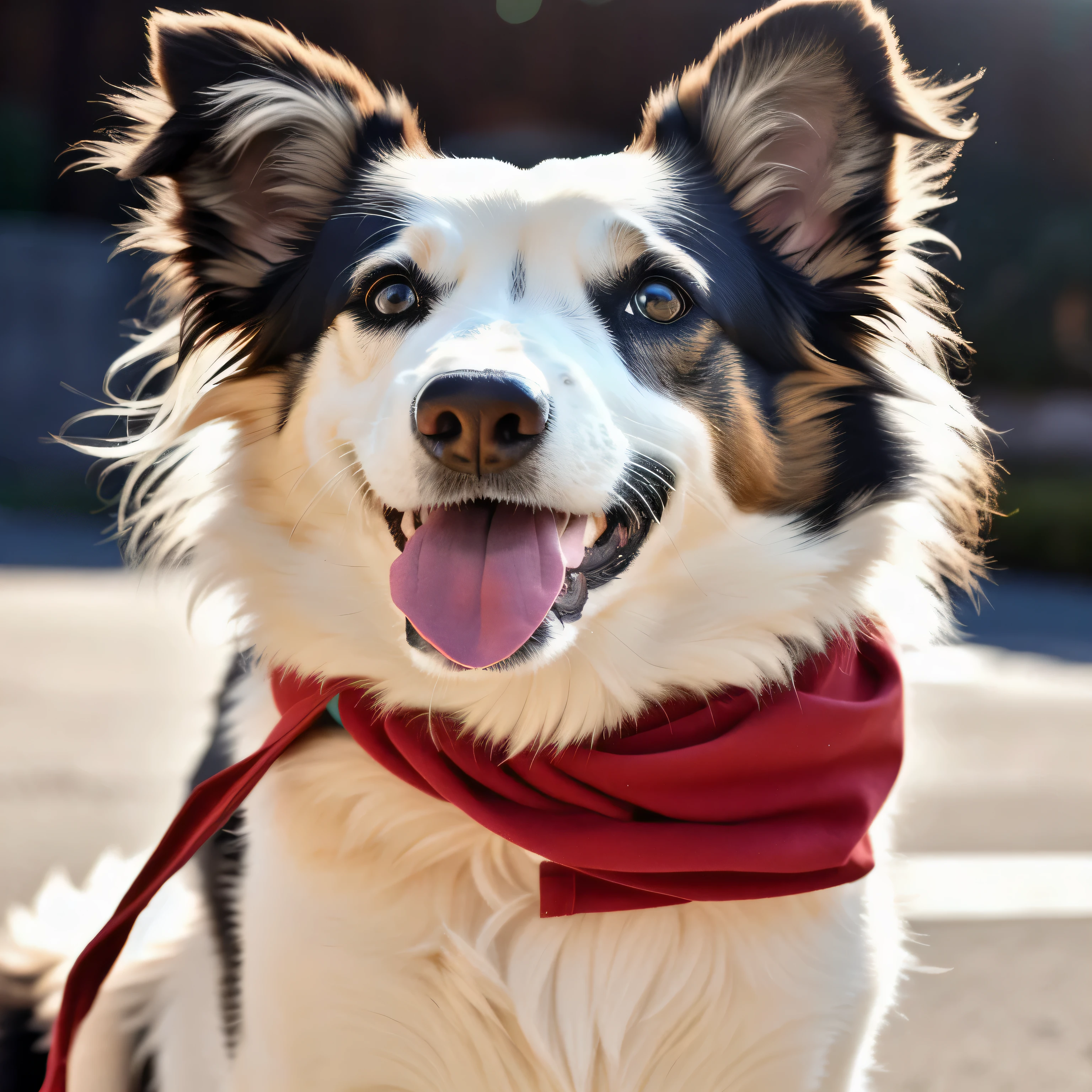 bloated dog with a red bandana around its neck, he is wearing a red scarf, com lindos olhos apaixonados, tongue out, winking at the camera, Gorgeous features, Looking at the camera, Looking at the camera, extremamente bonito, looking directly at the camera, ela tem um rosto fofo e expressivo, super cute and friendly, border collie