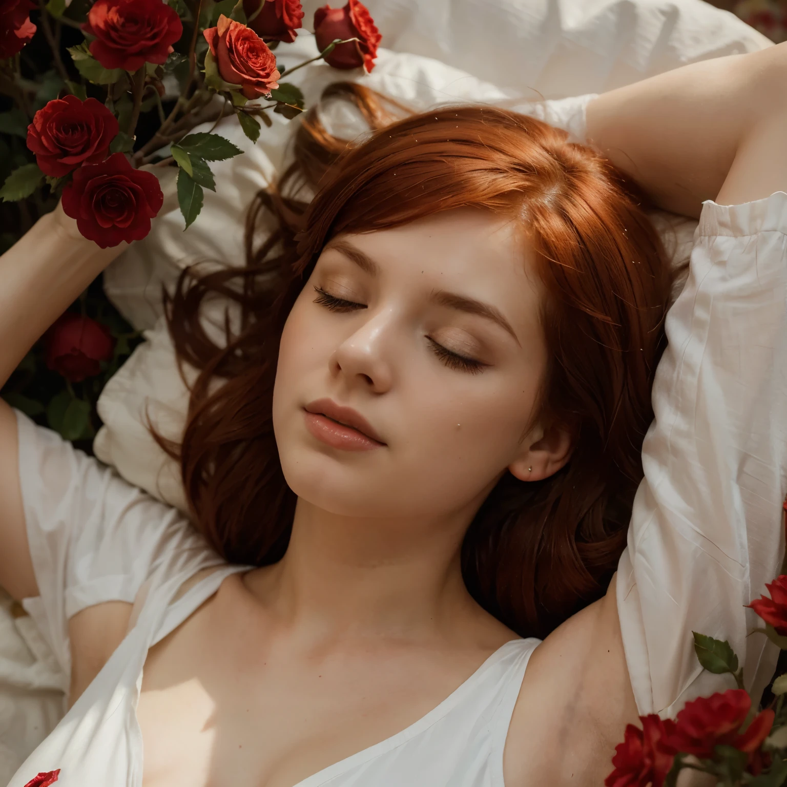 high quality photo in art style, a young beautiful woman with red hair is sleeping, she dreams of drops of red color, red flowers, the overall photo should be in a red tone